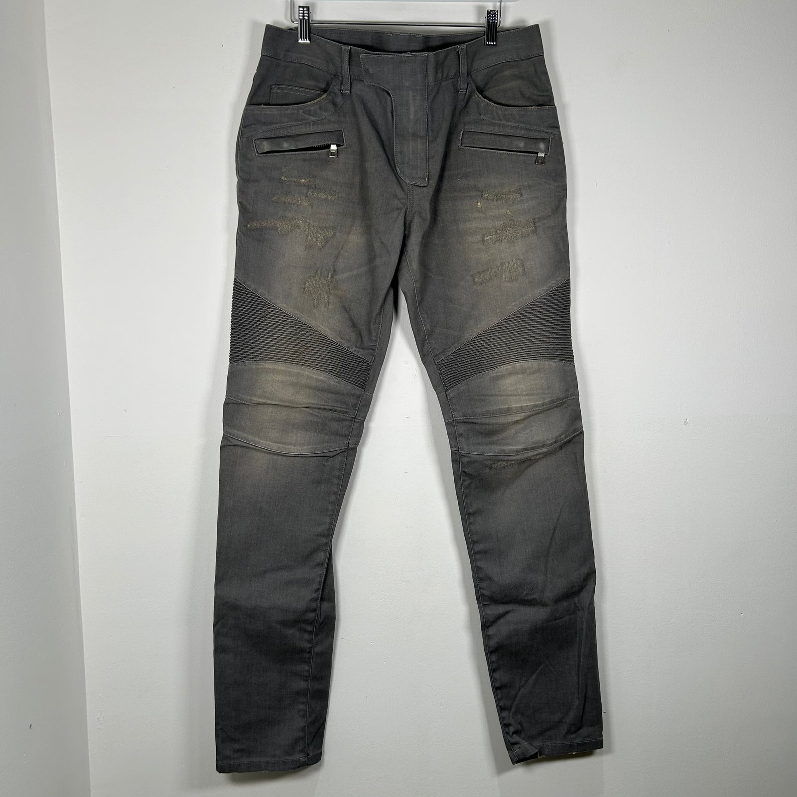 Balmain Grey Biker Rib Jeans Size 34