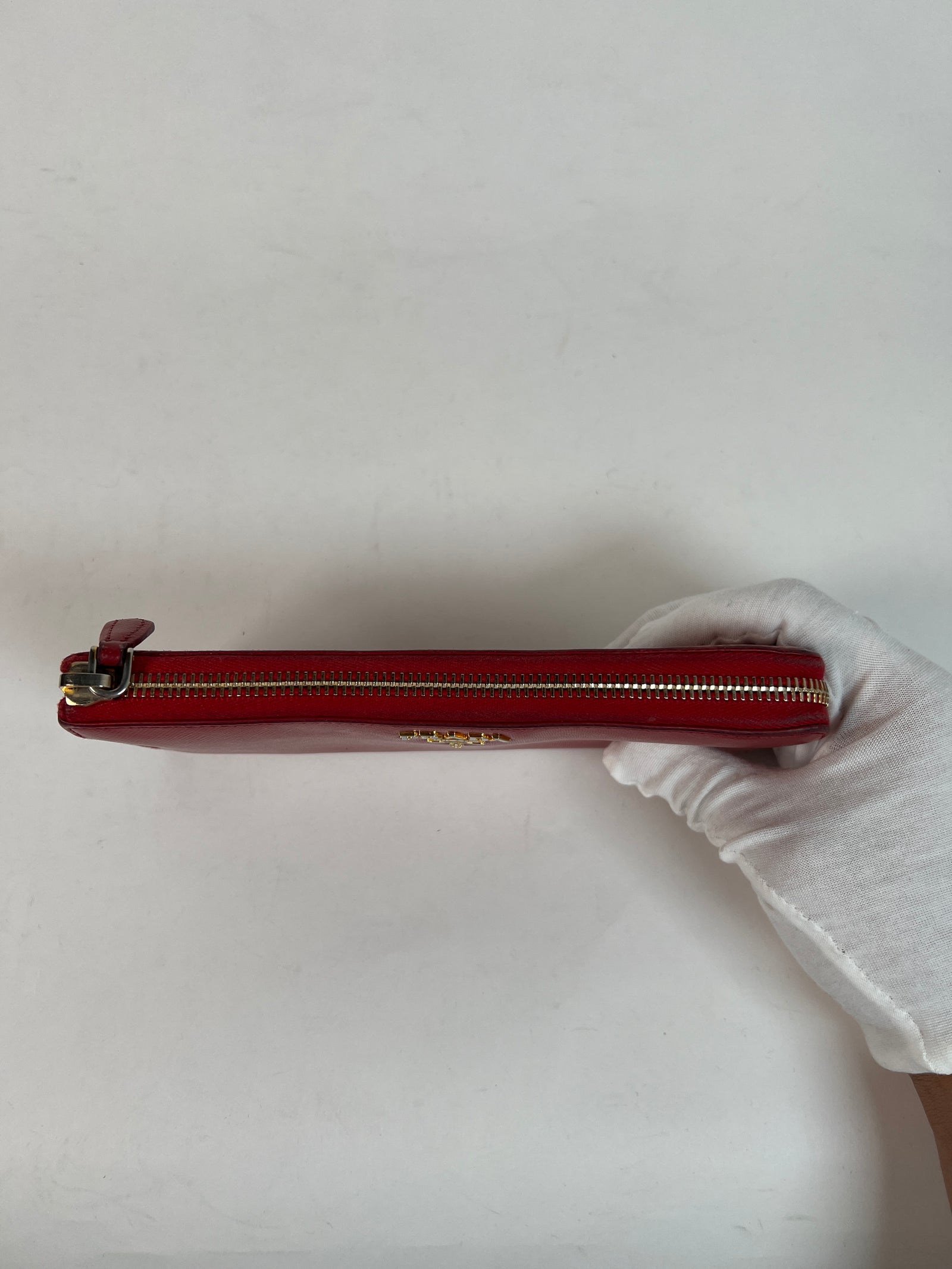 Prada Red Leather Saffiano Zip Around Wallet