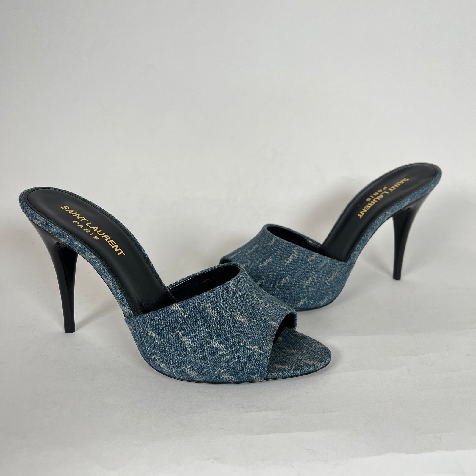 Saint Laurent La 16 Denim Logo Heels Size 37