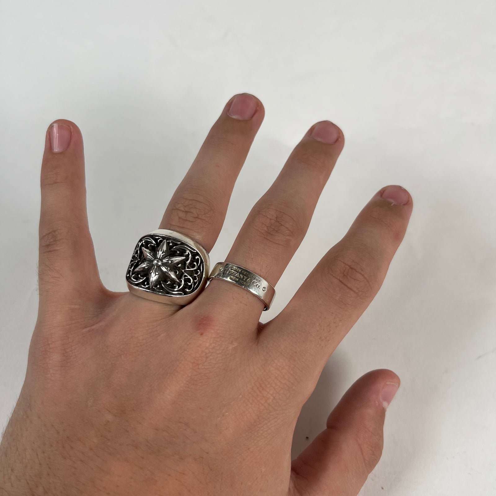 Tiffany Sterling Silver Stamp Logo Diamond Ring Size 10.5