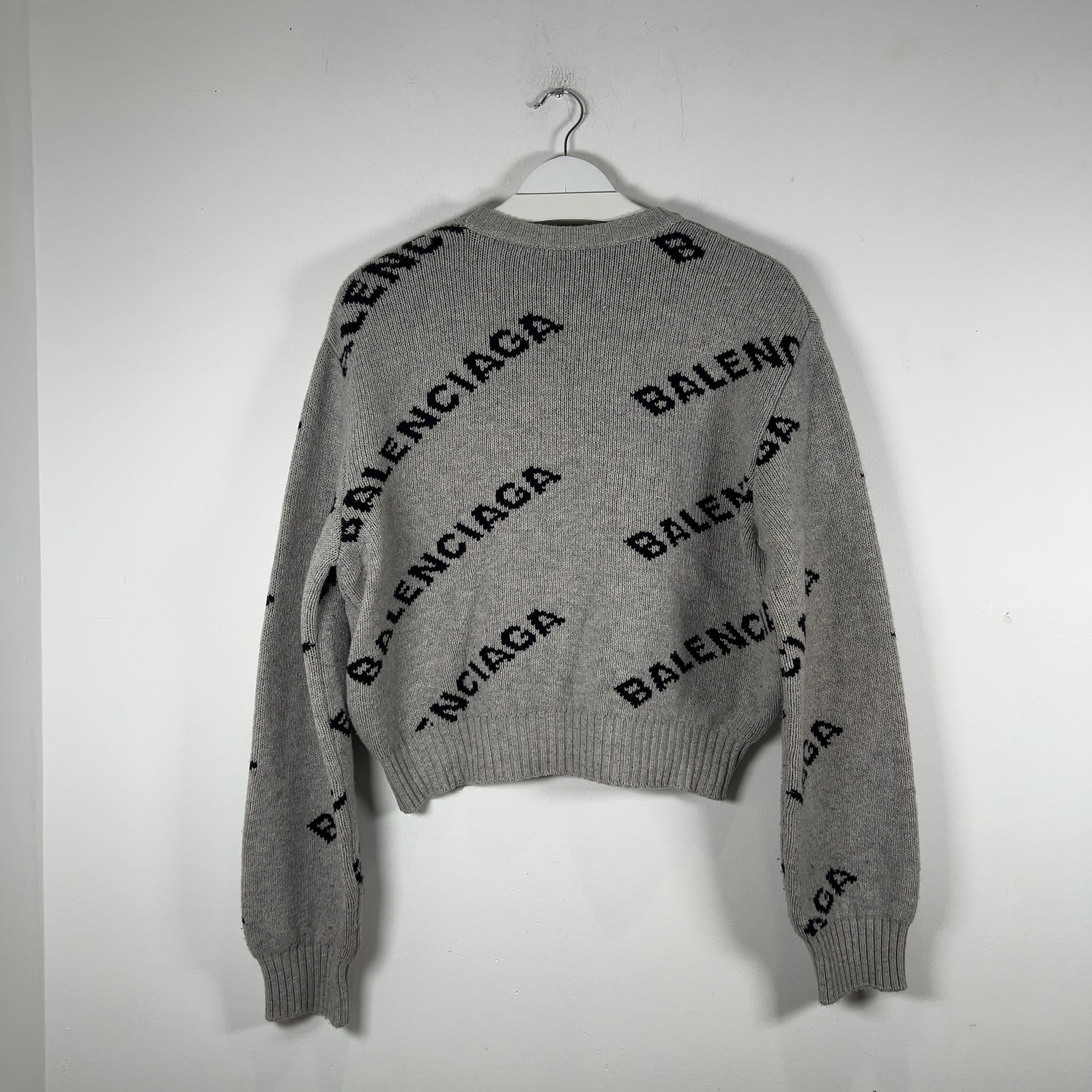 Balenciaga Wool Knit Grey All Over Logo Cropped Sweater Size M