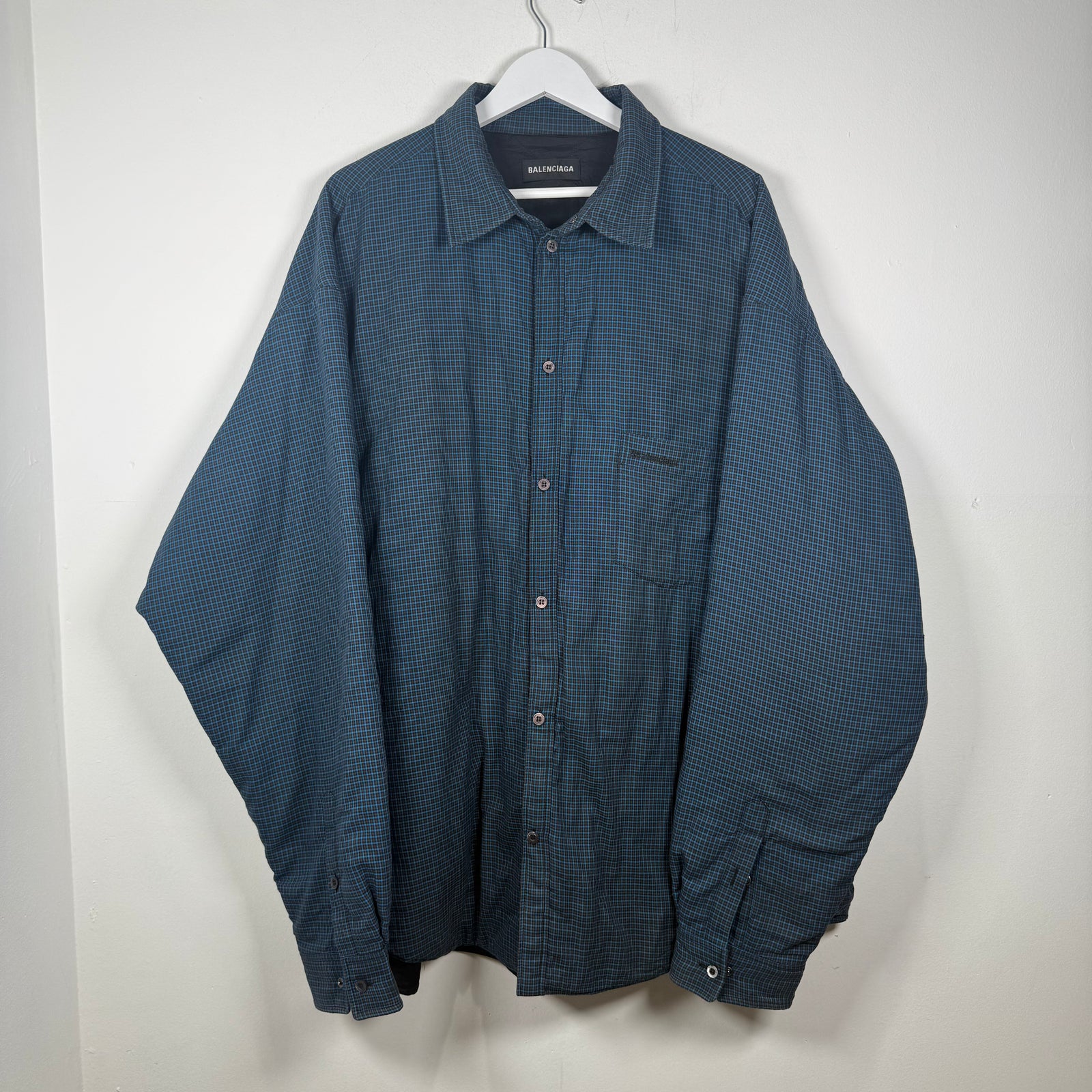 Balenciaga Navy Plaid Padded Button-Up Jacket Size XXL