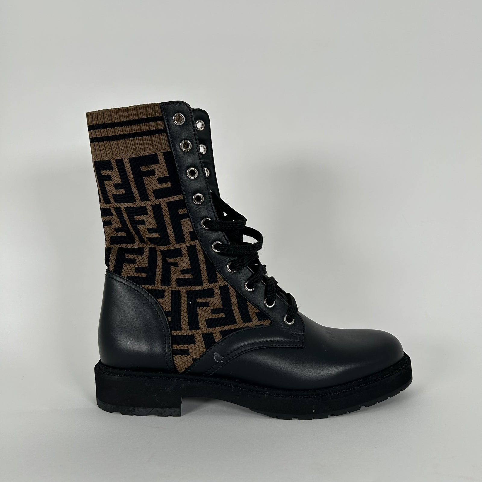 Fendi Rockoko Knit FF Combat Boots Size 39.5