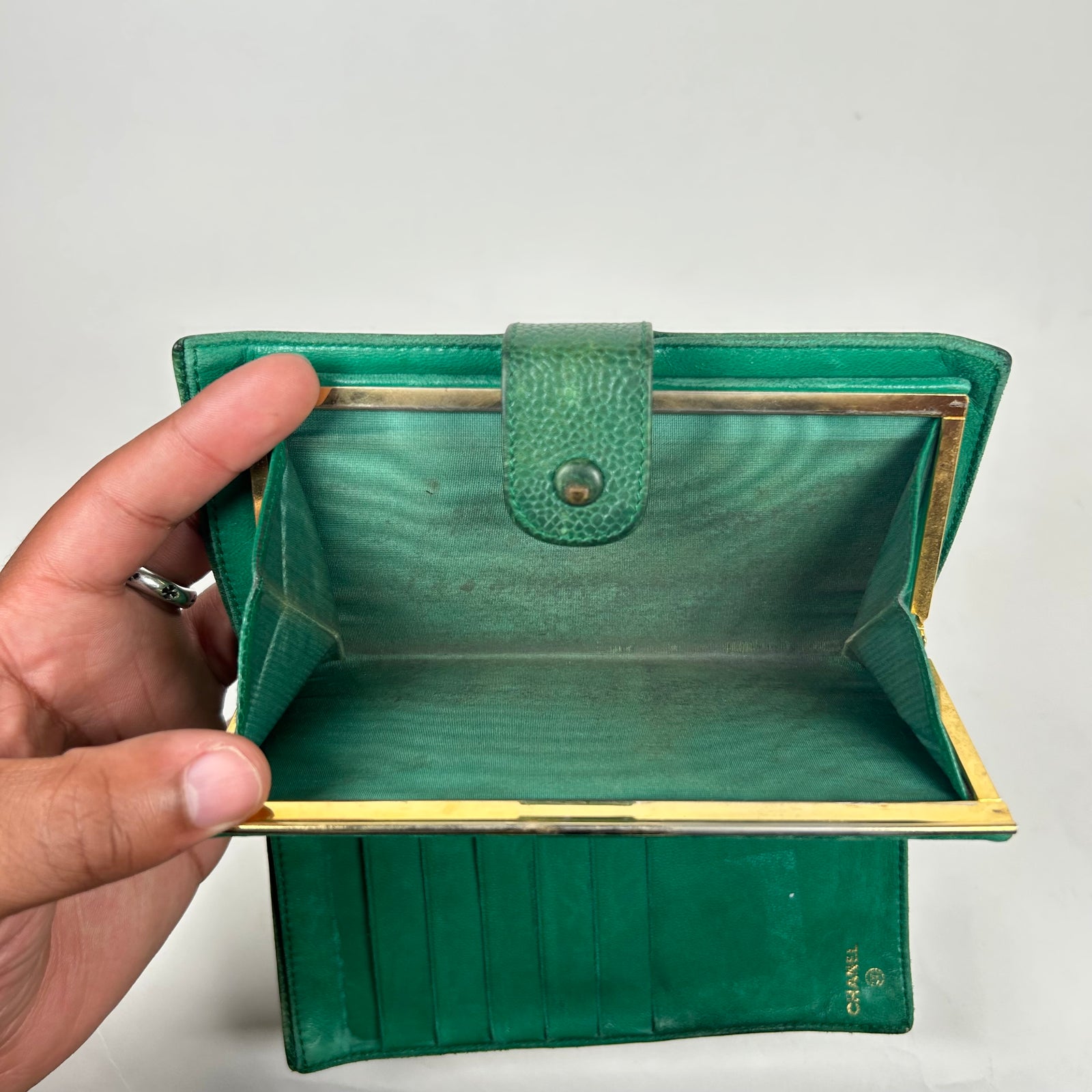 Chanel Green Pebbled Leather Bi-Fold Wallet