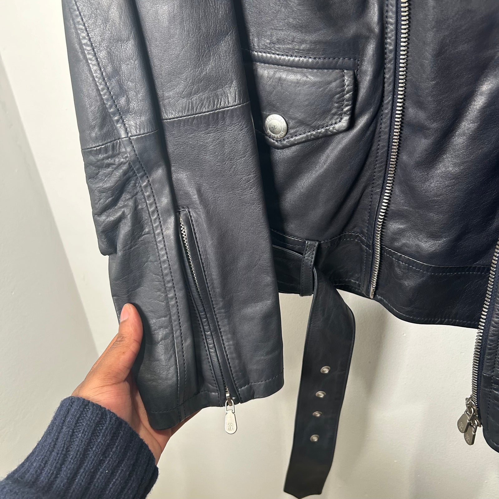 Brunello Cucinelli Navy Leather Biker Jacket Size M