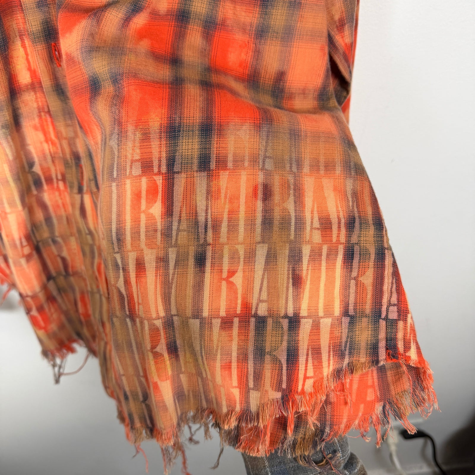 Amiri Orange Bleached Distressed Logo Flannel Shirt Size L