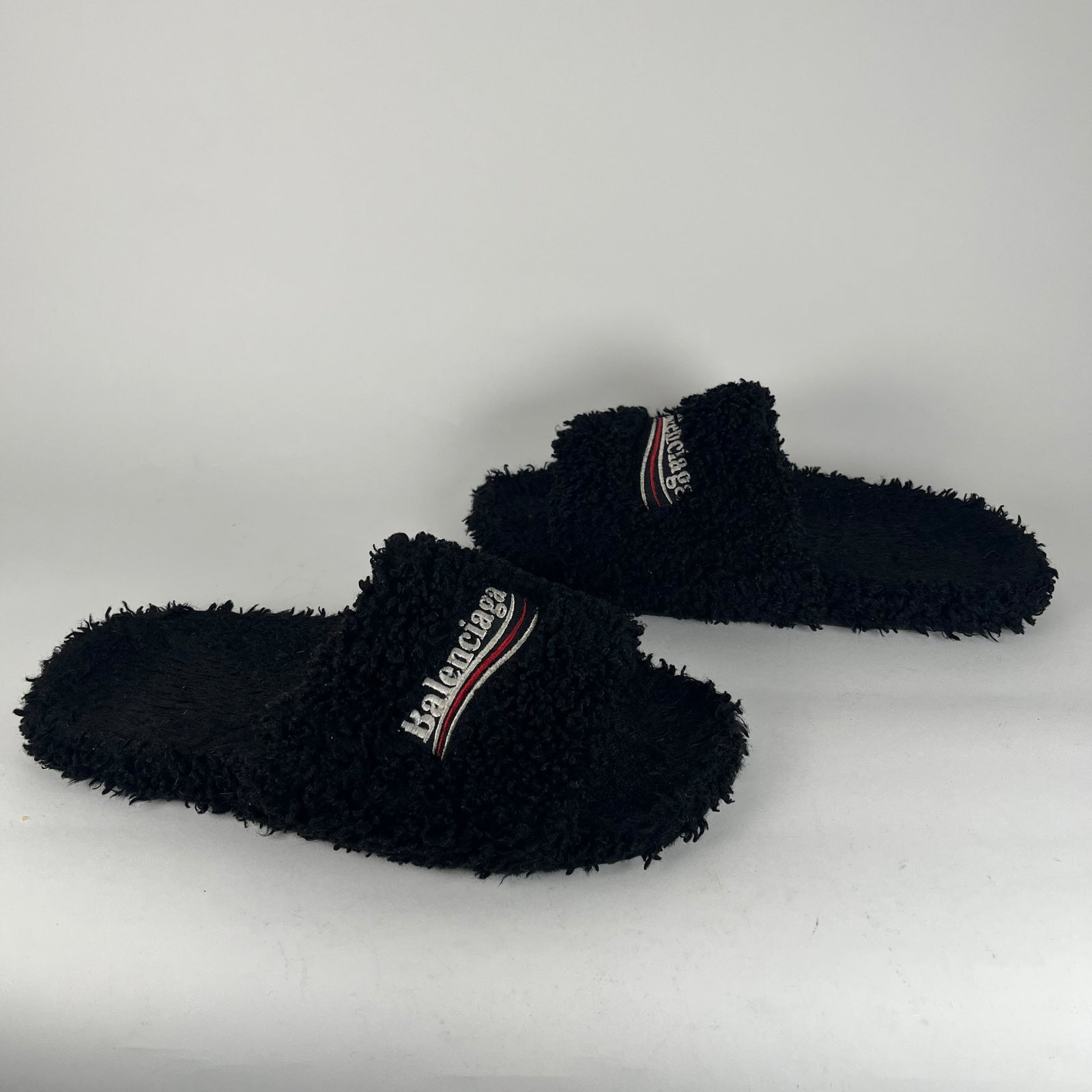 Balenciaga Black Campaign Logo Fur Slides Size 11