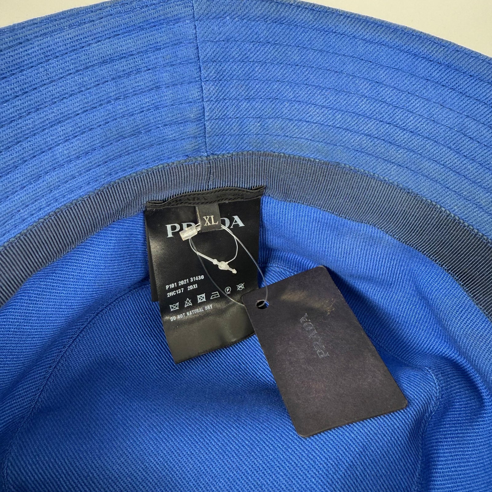 Prada Blue Canvas Plaque Bucket Hat Size XL