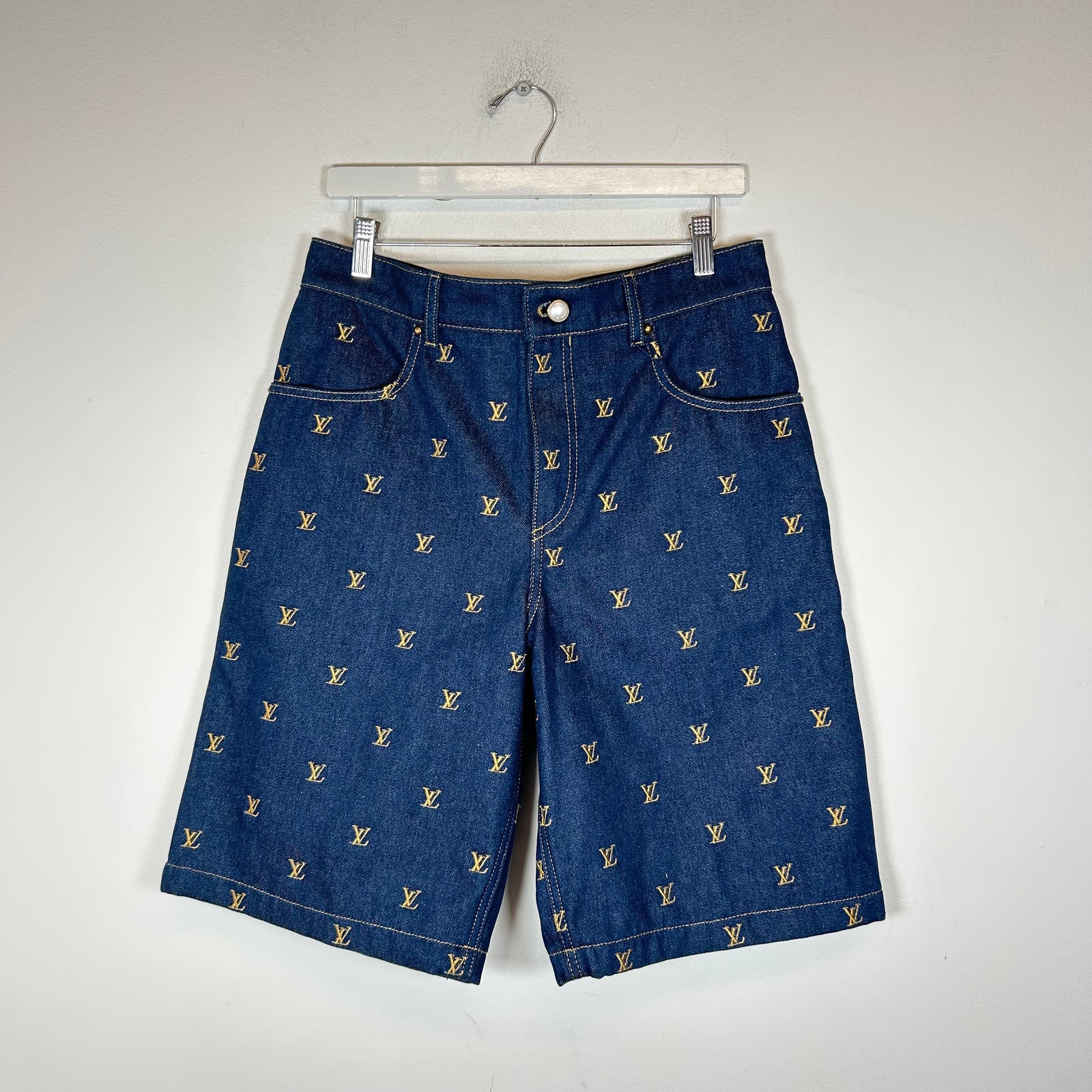Louis Vuitton Embroidered Signature Denim Shorts Size 30