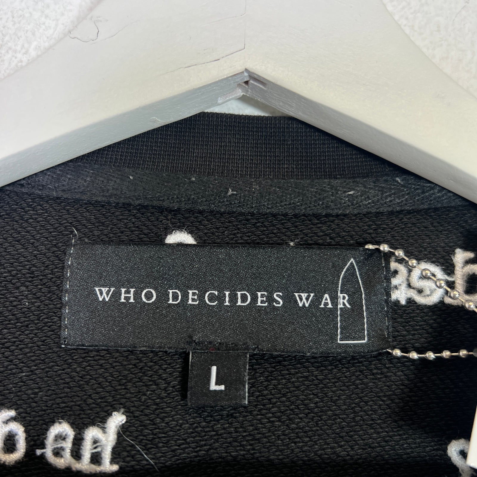 Who Decides War Black Full Embroidered Scripture Crewneck Size L