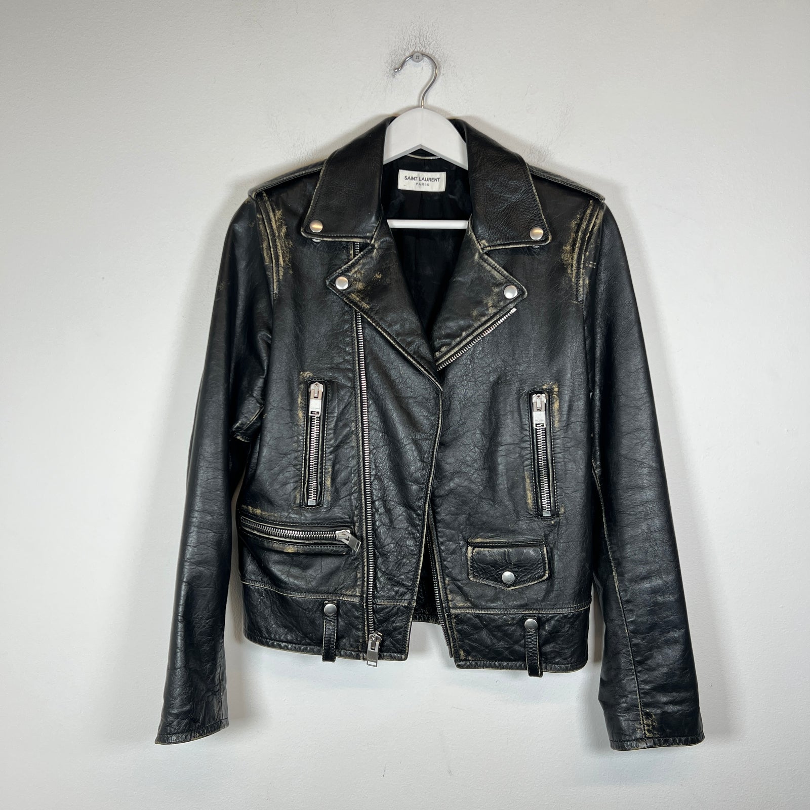 Saint Laurent Paris FW16 Distressed L01 Leather Biker Jacket Size 44