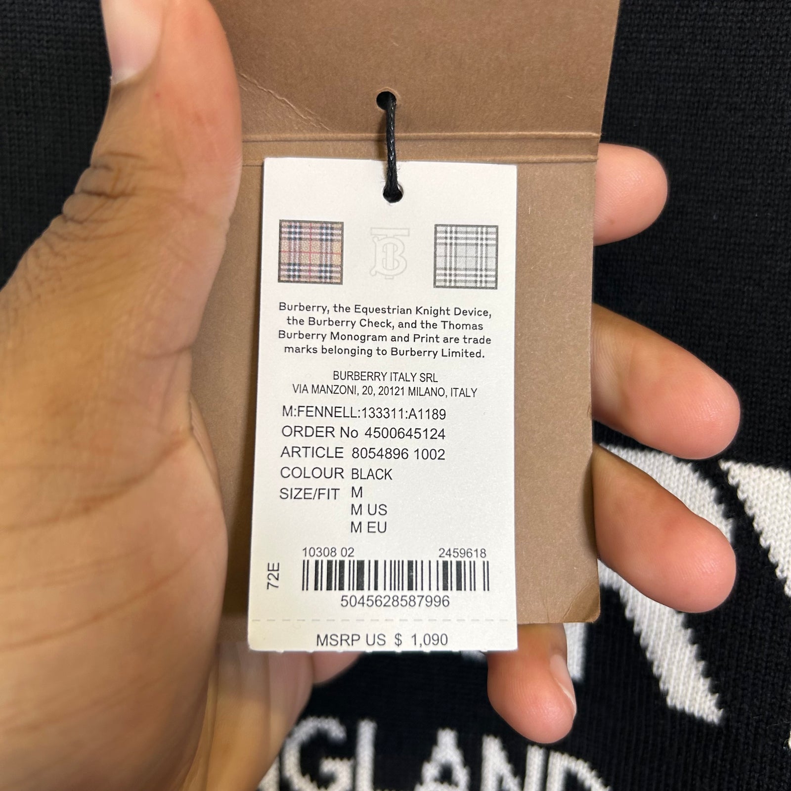 Burberry Black Intarsia Logo Wool Sweater Size M