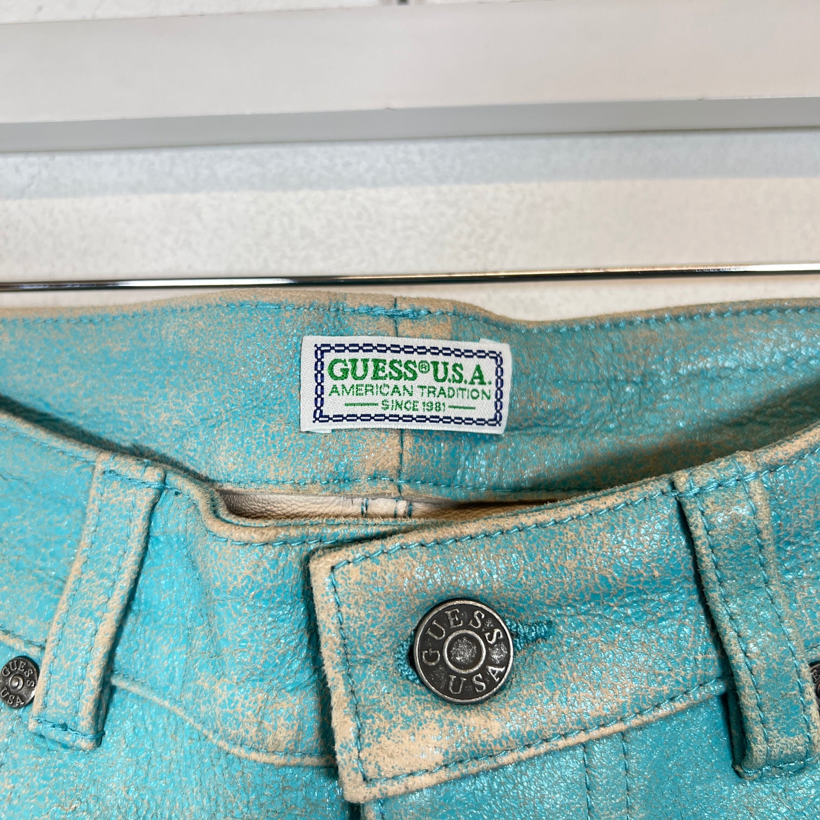 Guess USA Teal Cracked Leather Shorts Size 32