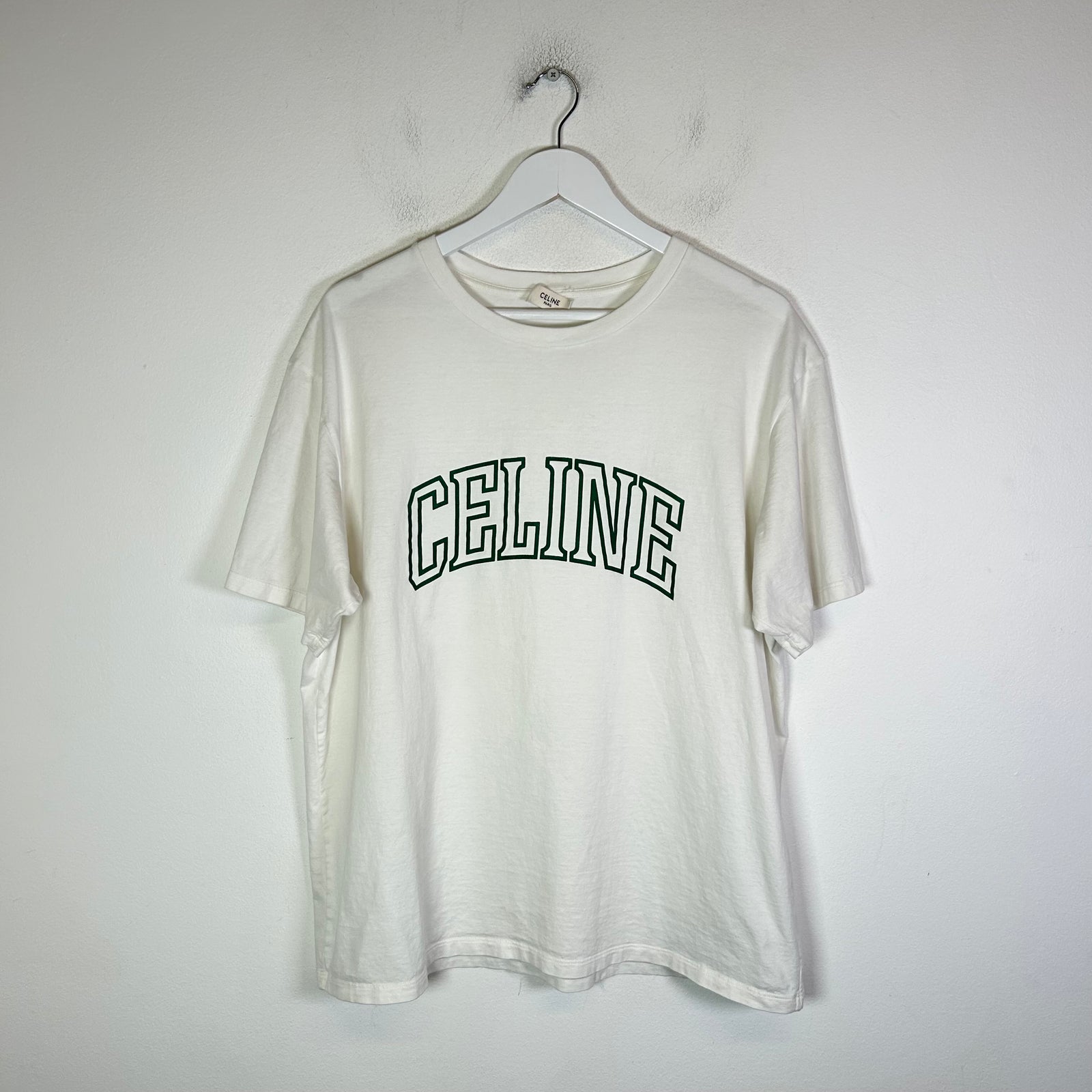 Celine White/Green College Logo T-Shirt Size L