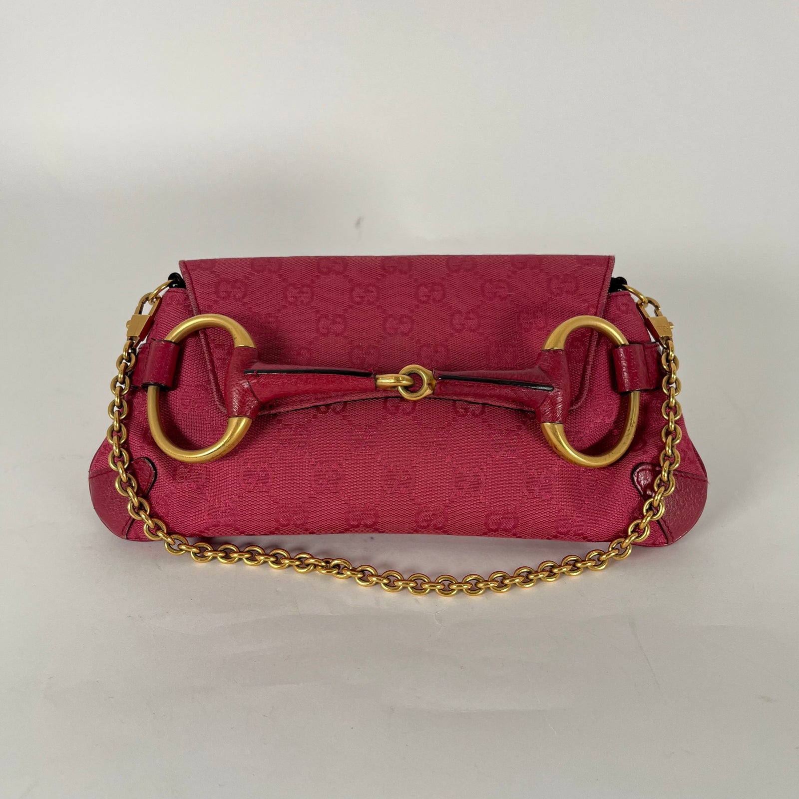 Gucci Guccissima Pink Canvas Horsebit Chain Clutch