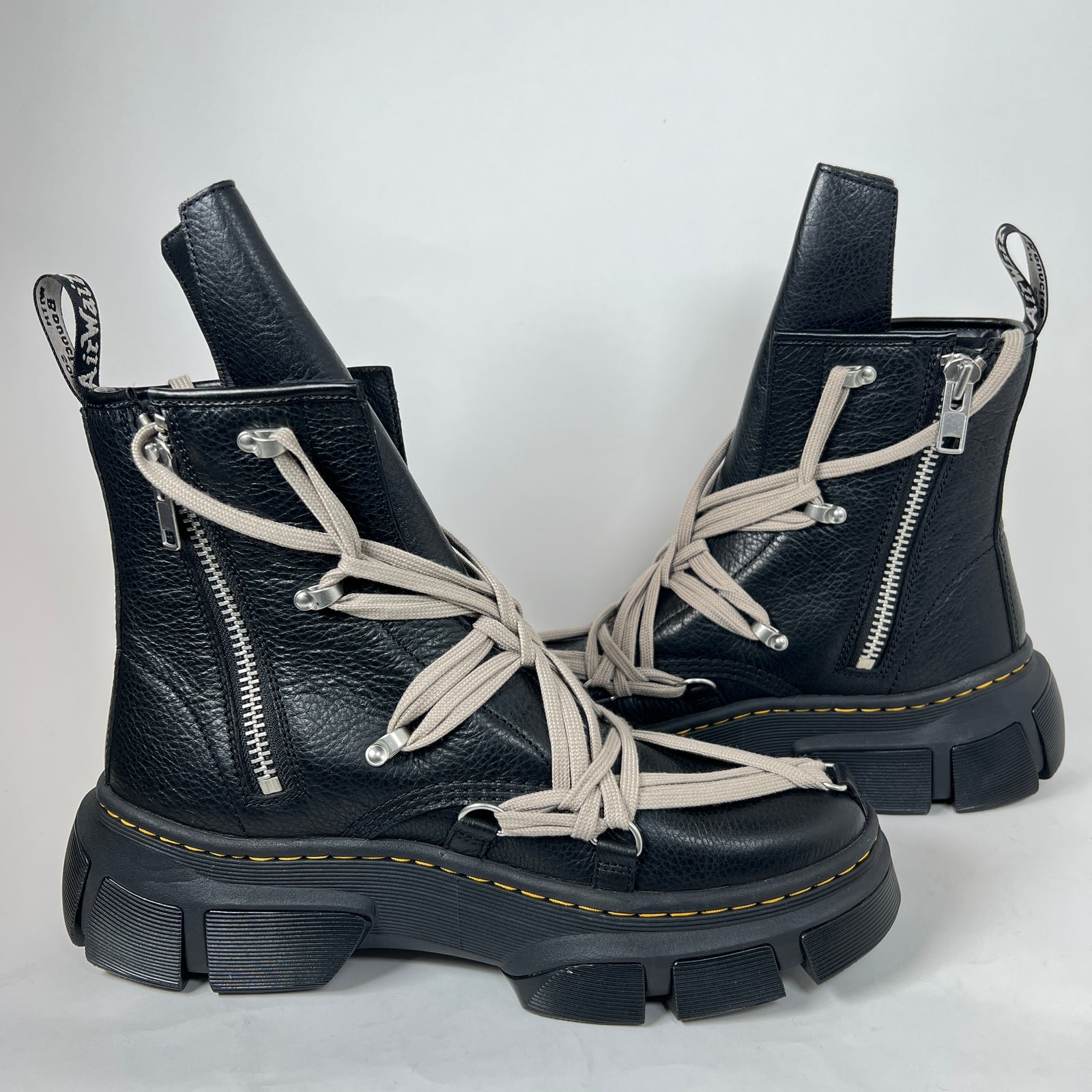 Rick Owens x Doc Marten's Black Megalace Pebbled Leather Boots Size 12