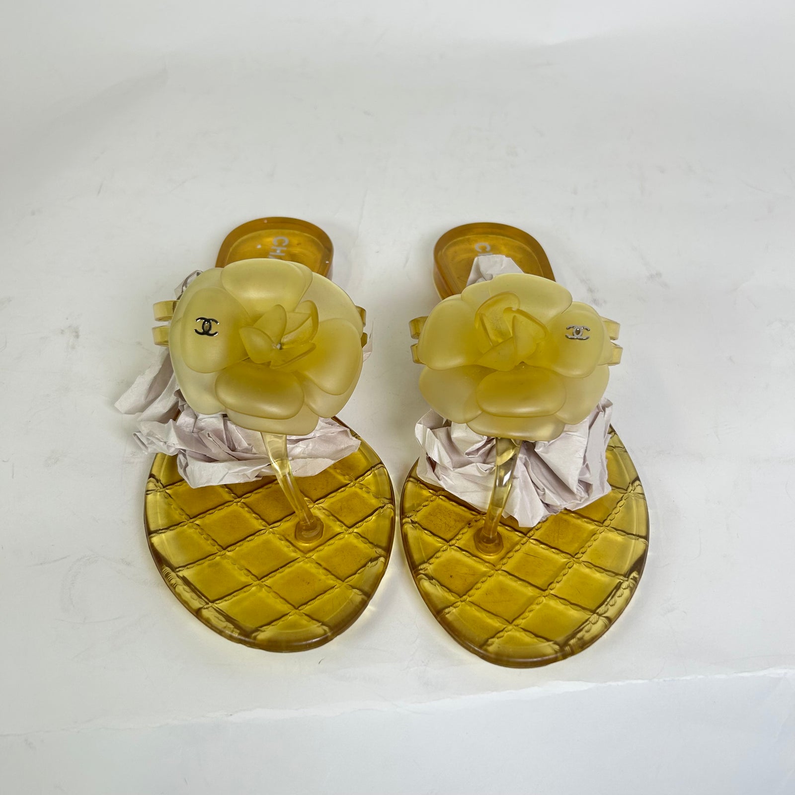 Chanel Yellow Camellia CC Jelly Sandals Size 38