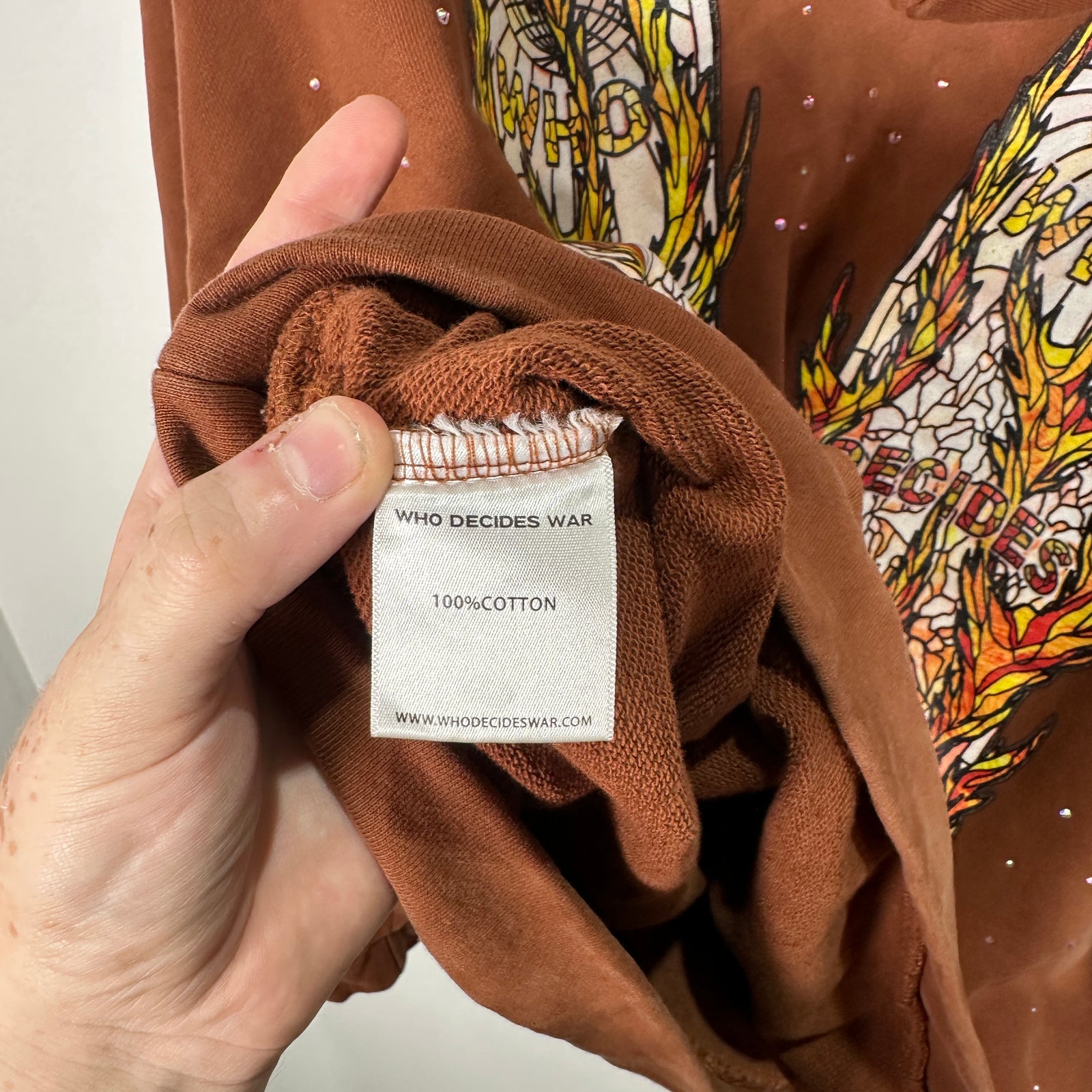Who Decides War Flame Stained Glass Rhinestone Brown Hoodie Size L