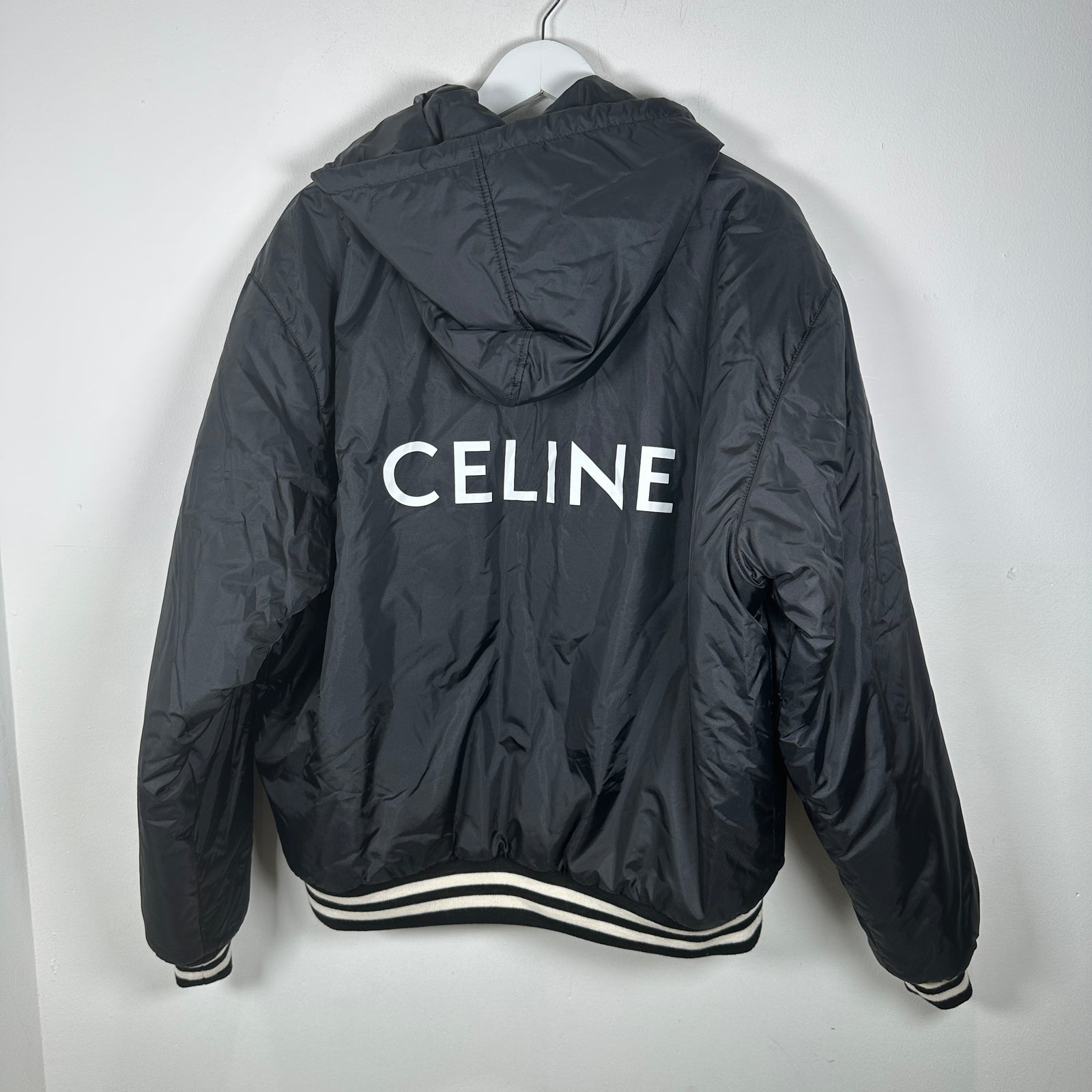 Celine Black Nylon Varsity Hooded Jacket Size L