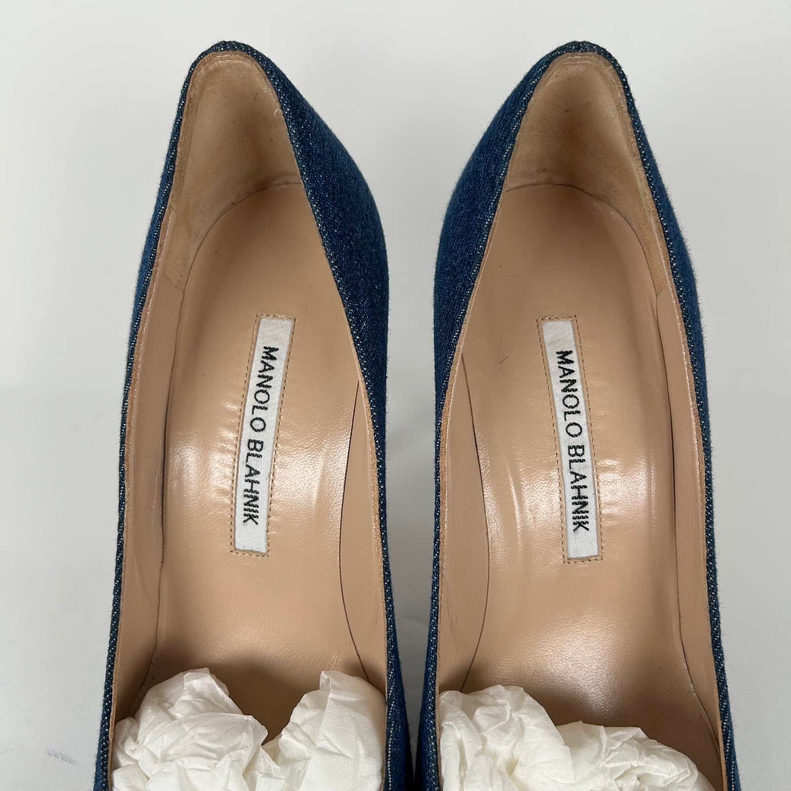Manolo Blahnik Hangisi Jewel Buckle Denim Pumps Size 37.5