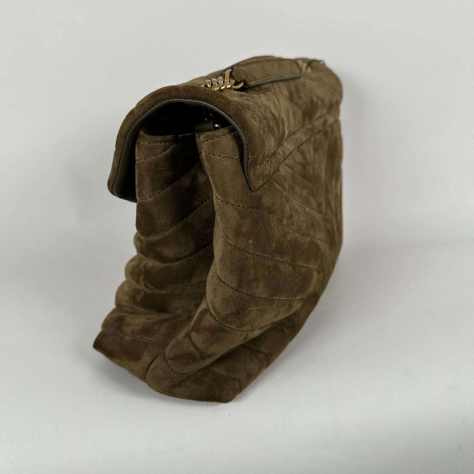 Saint Laurent LouLou Khaki Medium Suede Flap Shoulder Bag