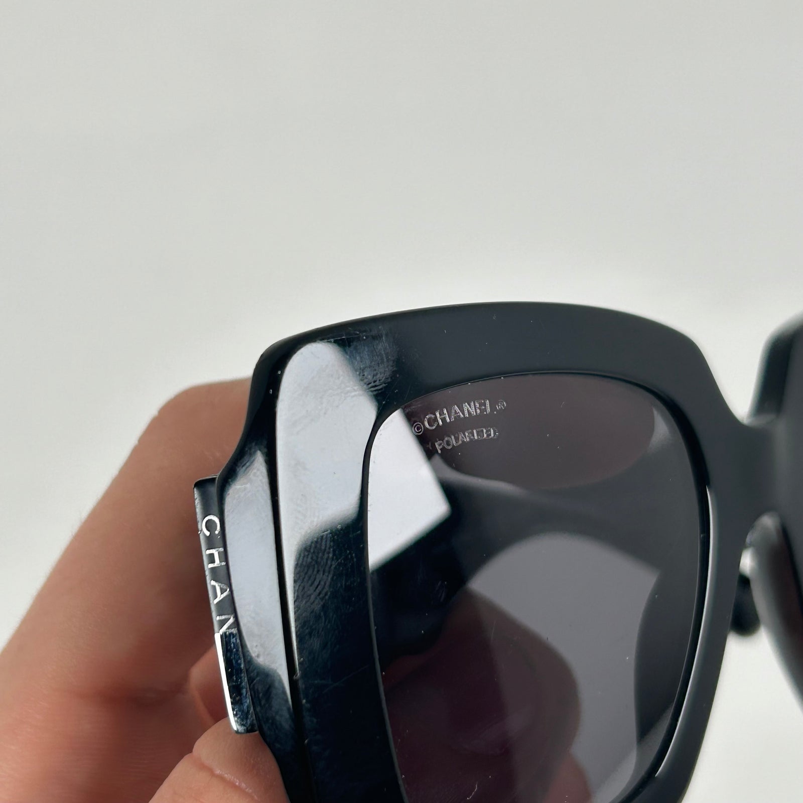 Chanel Black Acetate Calfskin Polarized Square Sunglasses