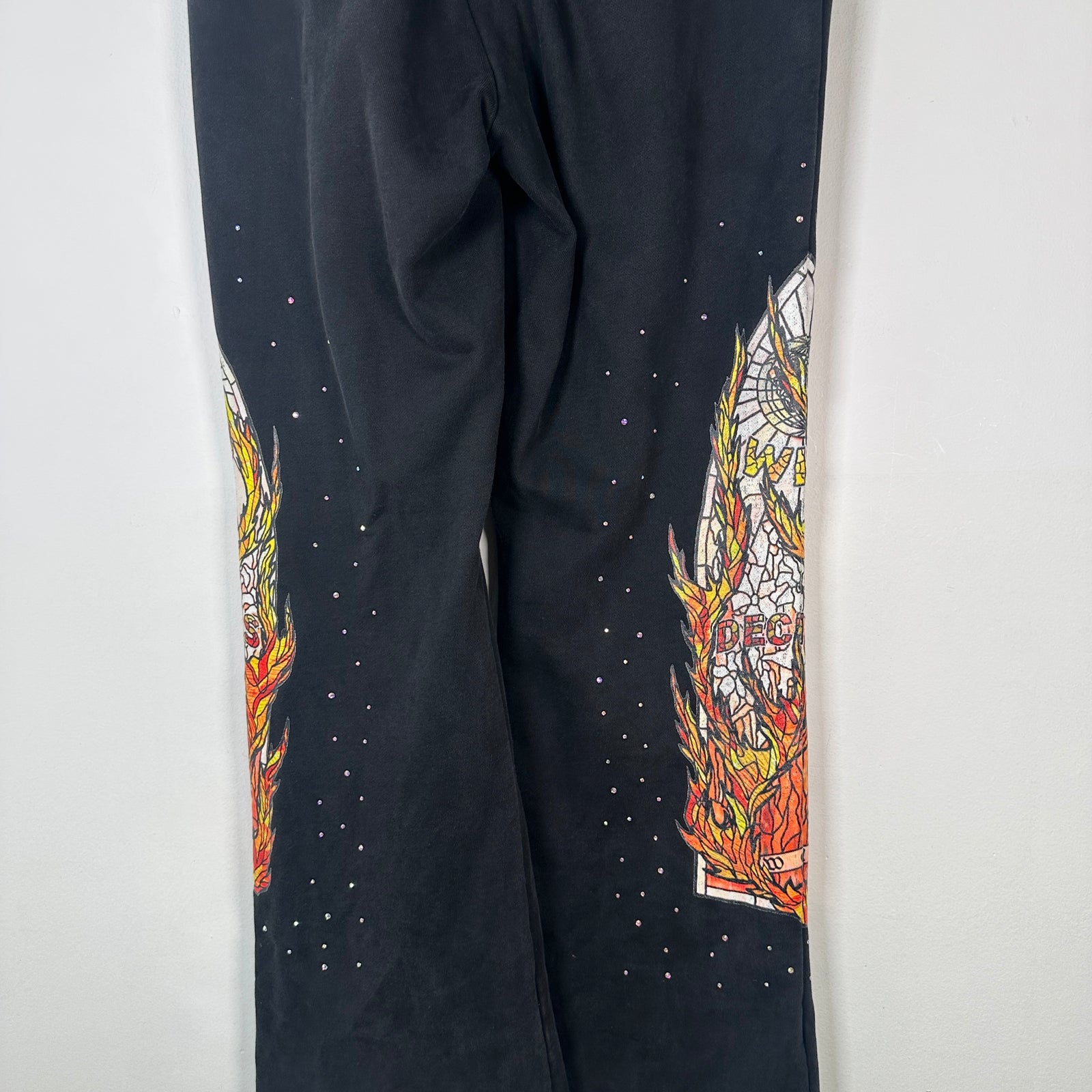 Who Decides War Flame Stained Glass Rhinestone Black Sweatpants Size L