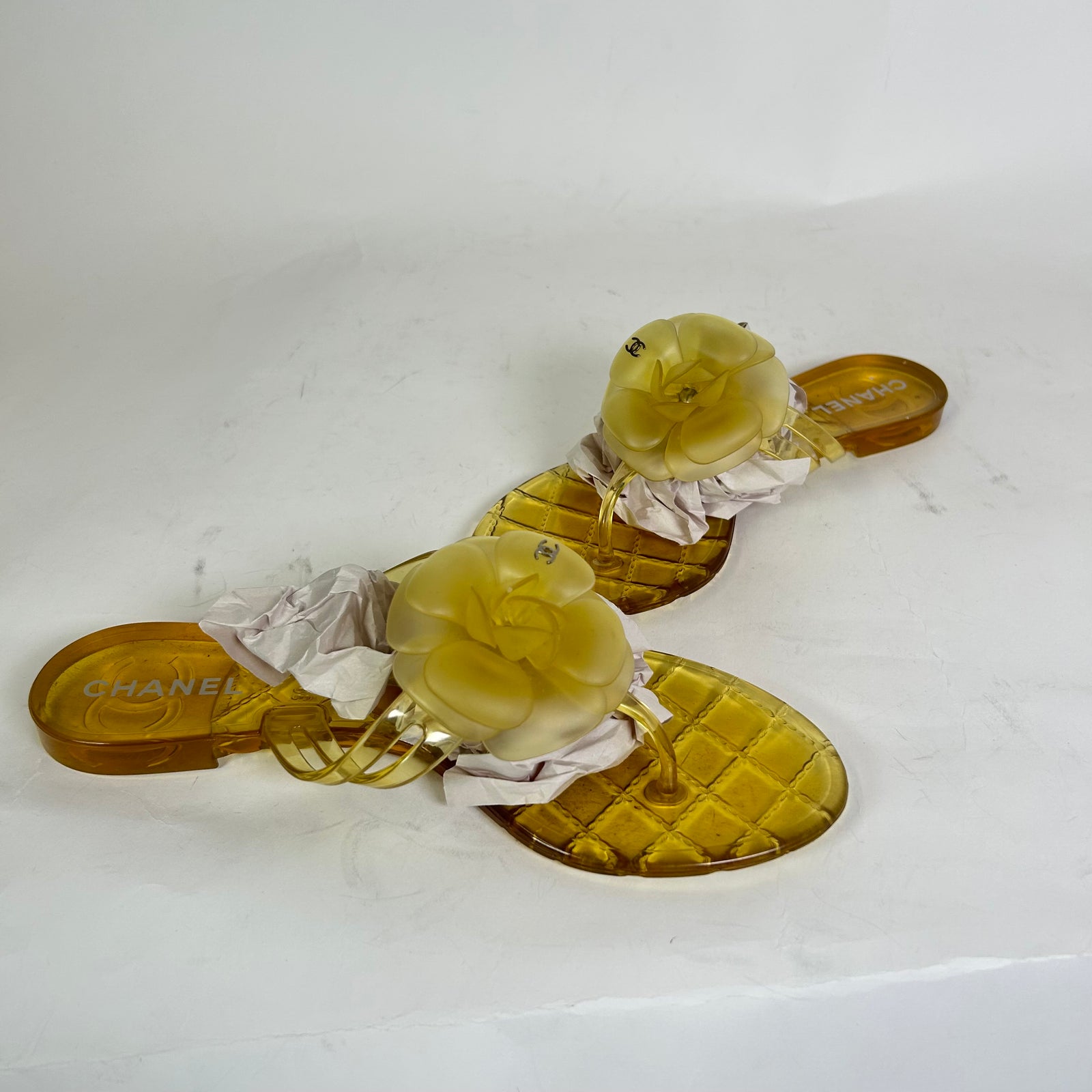 Chanel Yellow Camellia CC Jelly Sandals Size 38
