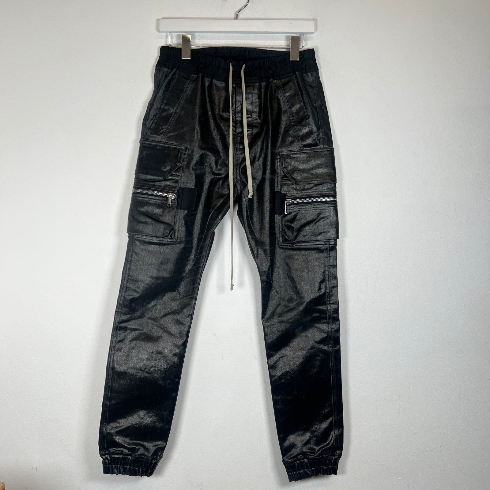 Rick Owens EDFU SS/23 Black Waxed Mastodon Cargo Joggers Size 28