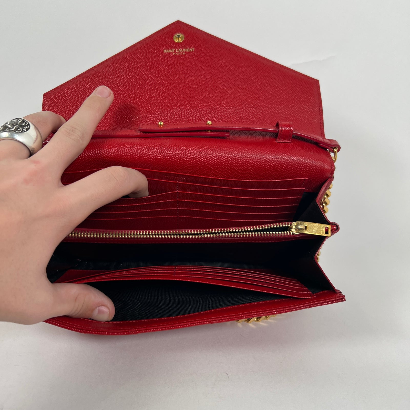 Saint Laurent Wallet Chain Matelasse Chevron Red