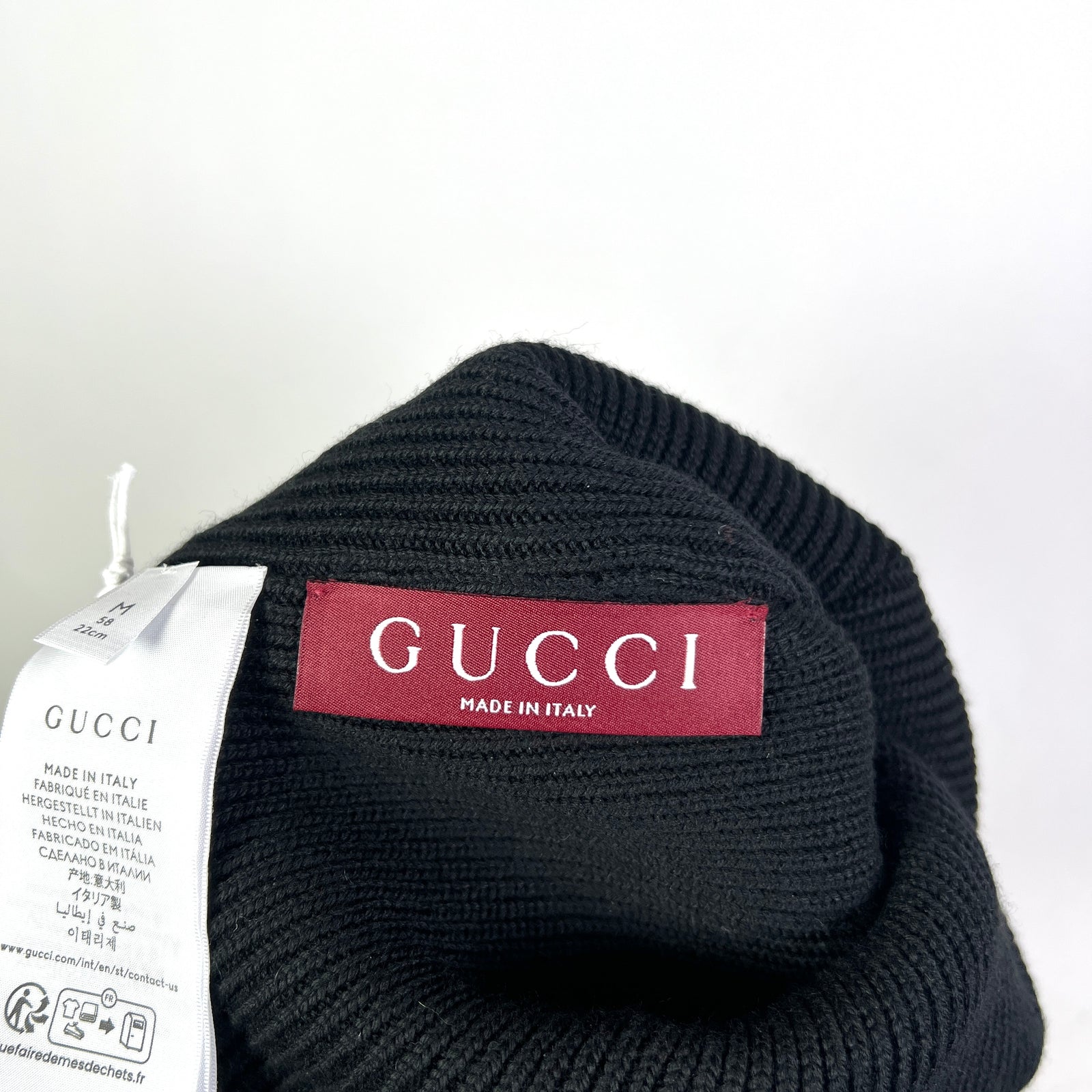 Gucci Black Web Stripe Wool Ribbed Beanie