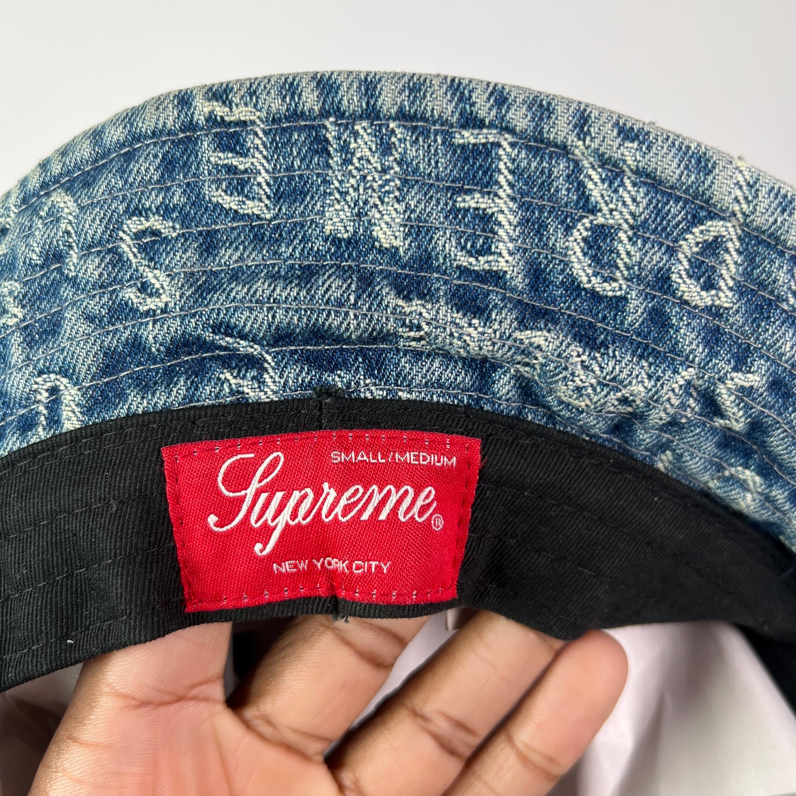 Supreme Warp Jacquard Logo Blue Denim Bucket Hat