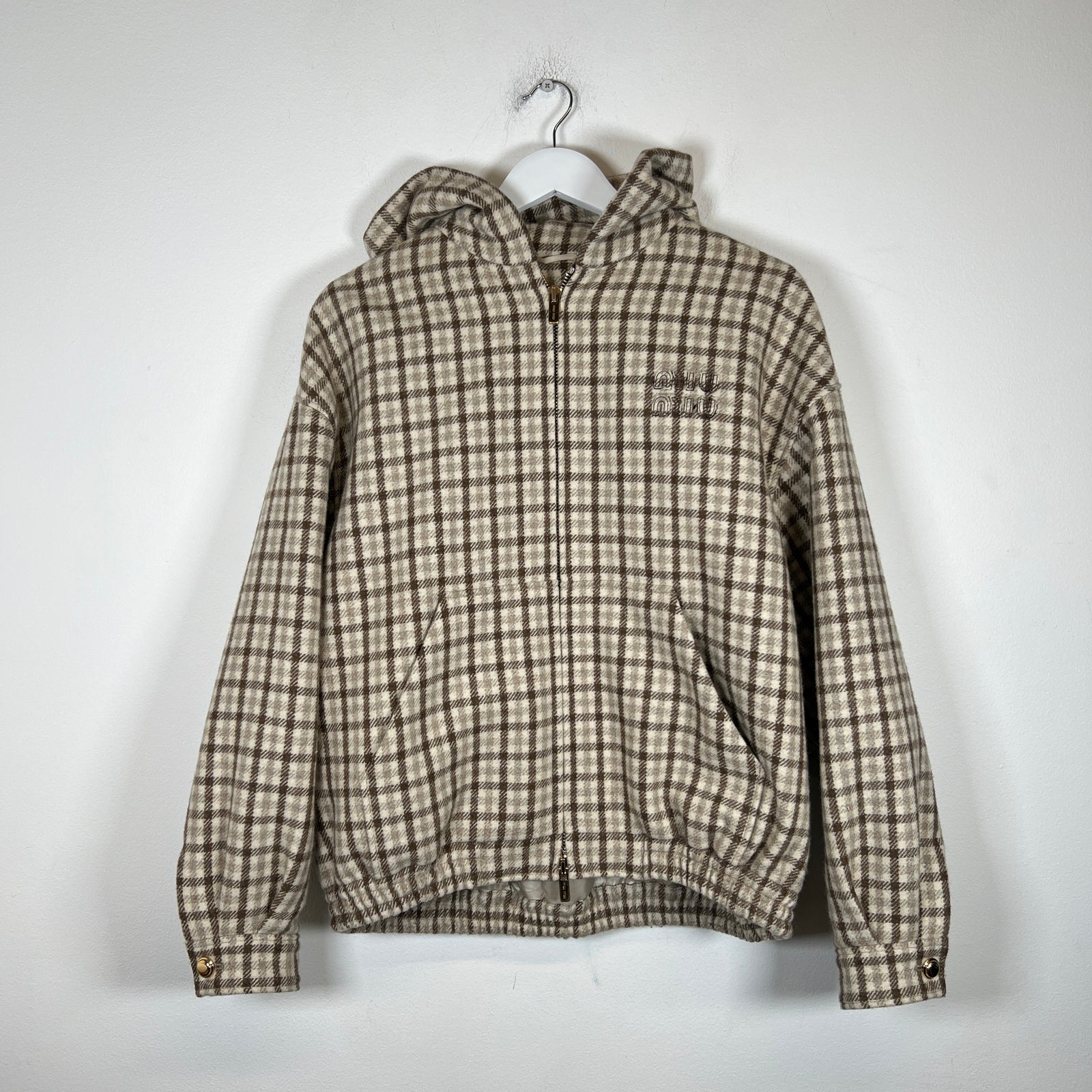 Miu Miu Cocoa Brown Check Blouson Jacket Size 36IT