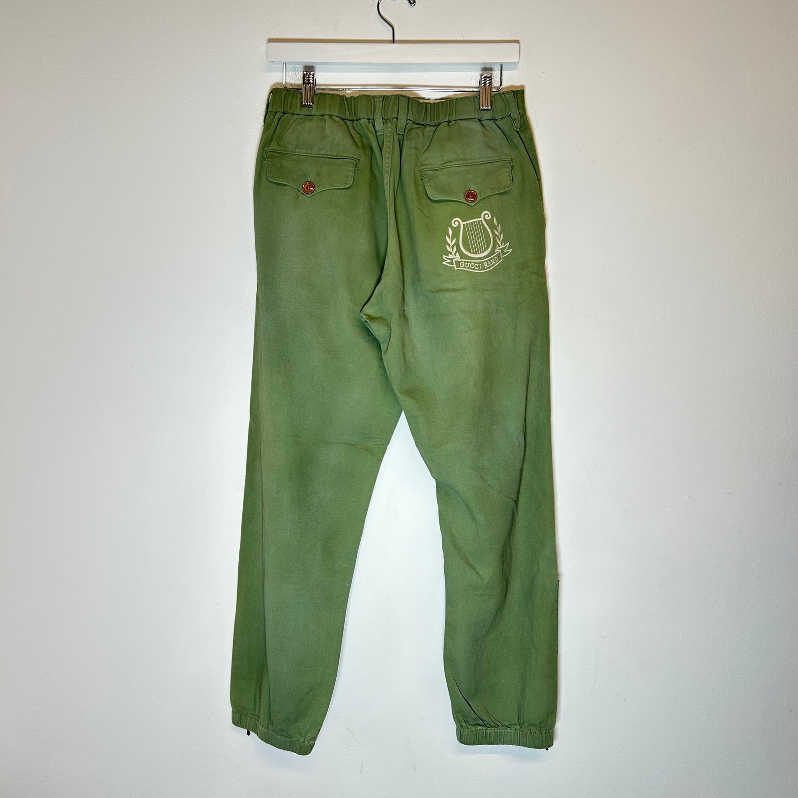 Gucci Olive Green Lyre Embroidery Cotton Trousers Size 30