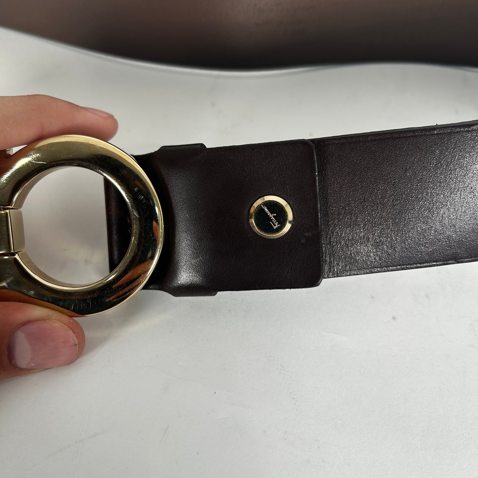 Salvatore Ferragamo Brown Leather Big Buckle Belt Size 32