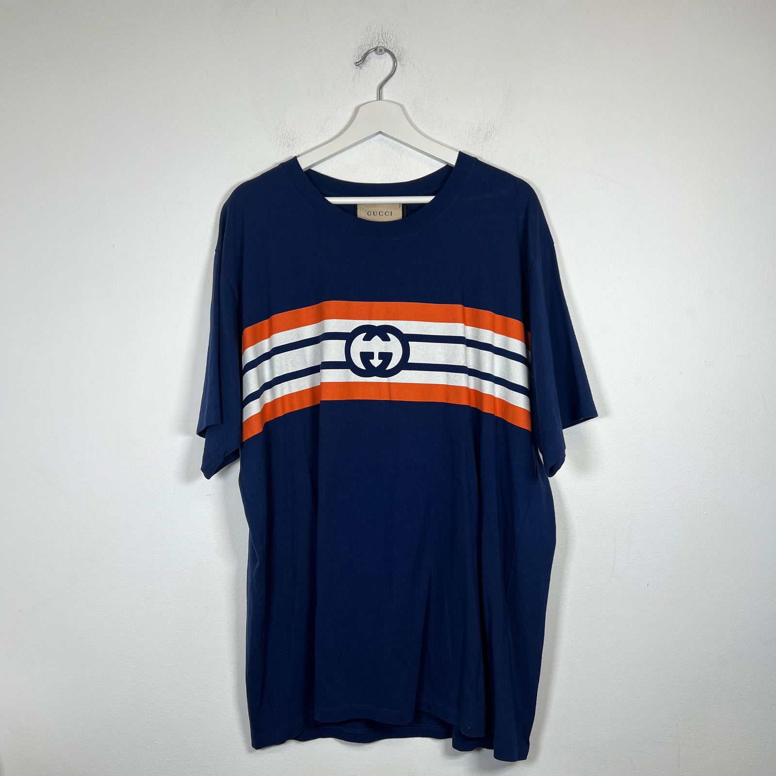 Gucci Blue/Orange Interlocking G Striped T-Shirt Size XL