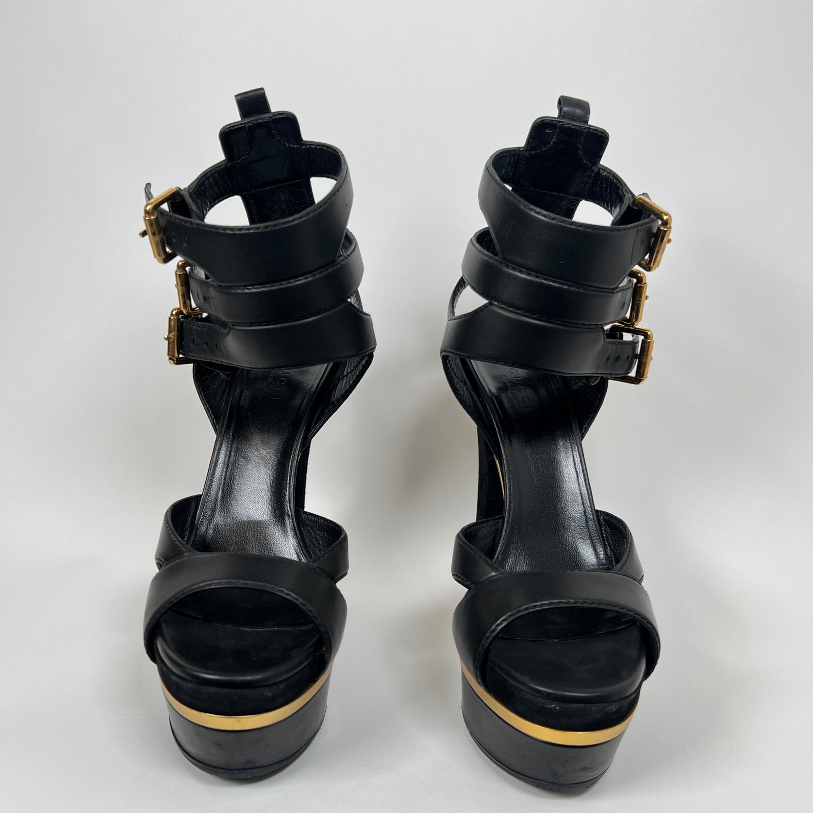 Gucci Black/Gold Lifford Platform Sandal Heels Size 38.5