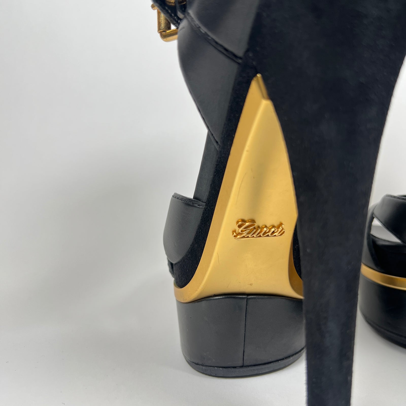 Gucci Black/Gold Lifford Platform Sandal Heels Size 38.5
