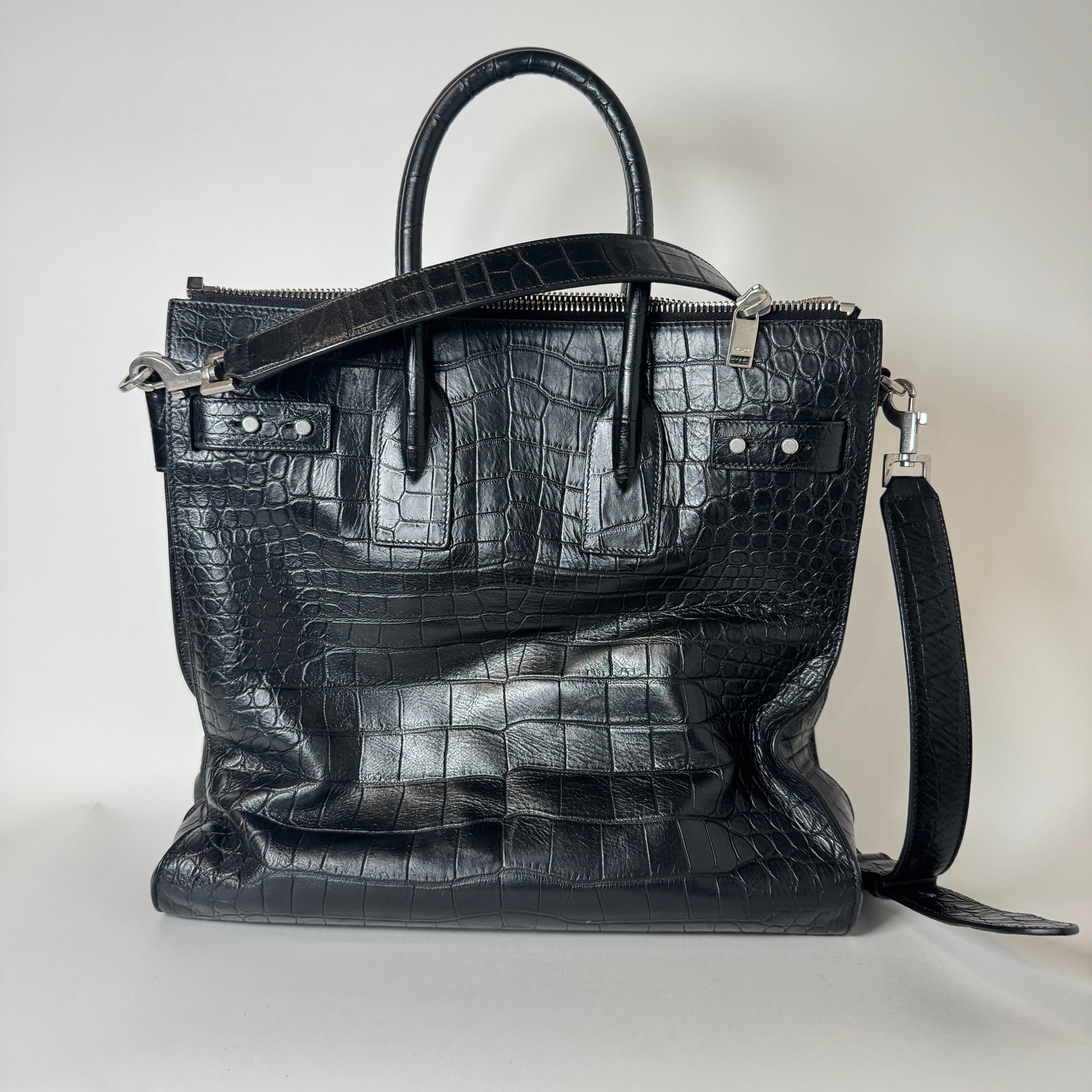 Saint Laurent Black Crocodile Embossed Large Tote Bag