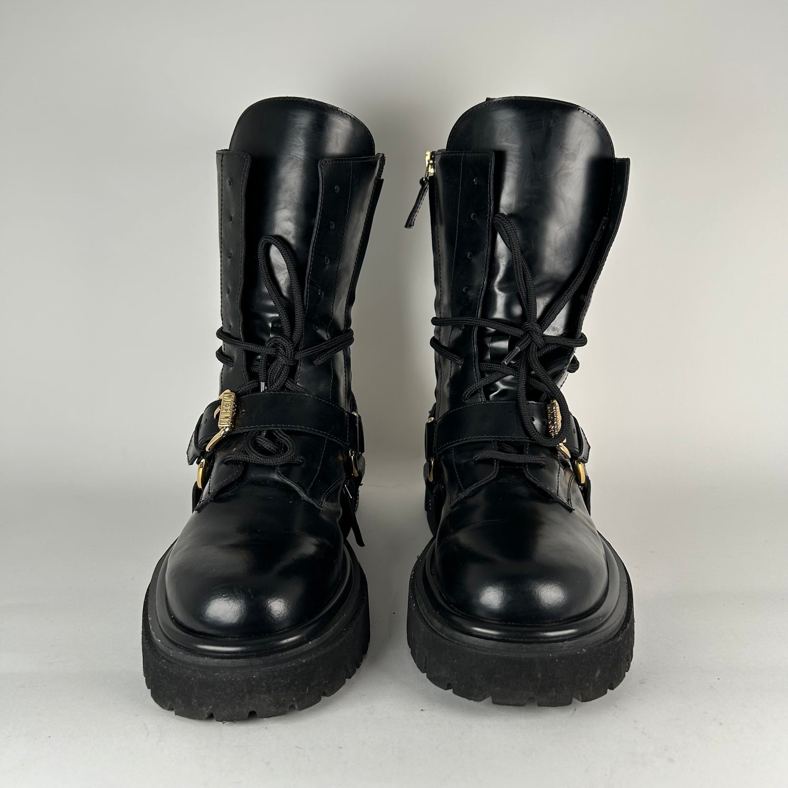 Moschino Logo Harnes Lug Sole Combat Boots Size 42