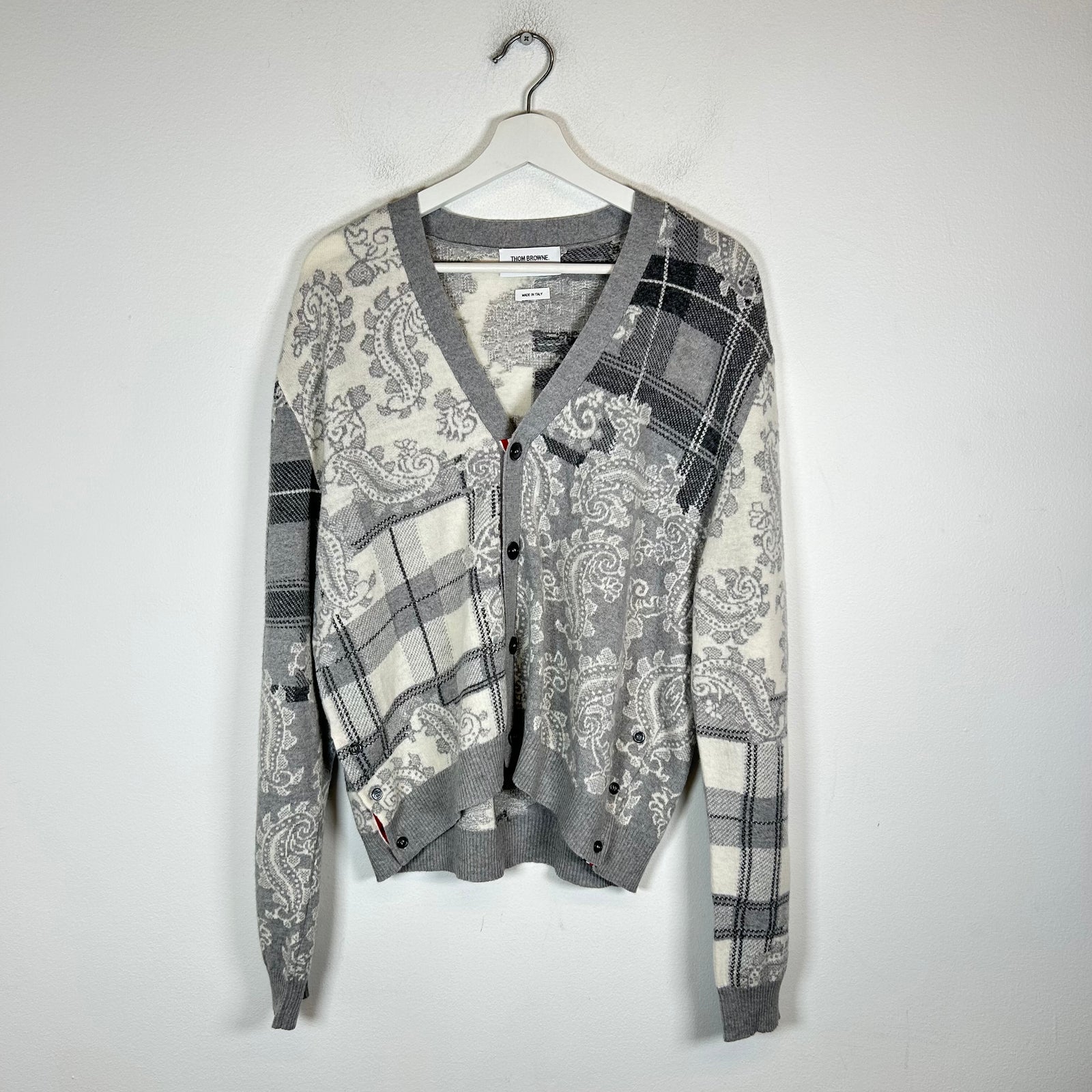 Thom Browne Grey Tartan Check/Paisley Wool V-Neck Cardigan Size 4