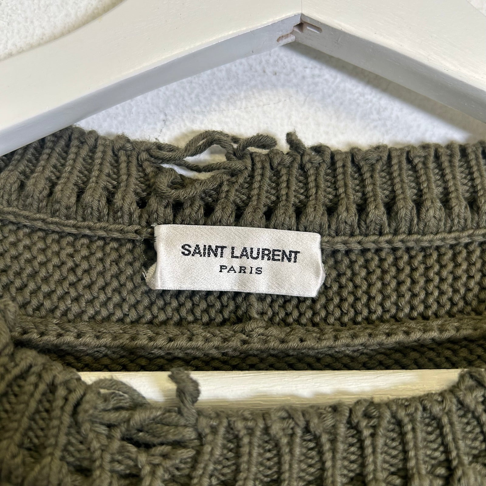 Saint Laurent Olive Green Distressed Knit Sweater Size L
