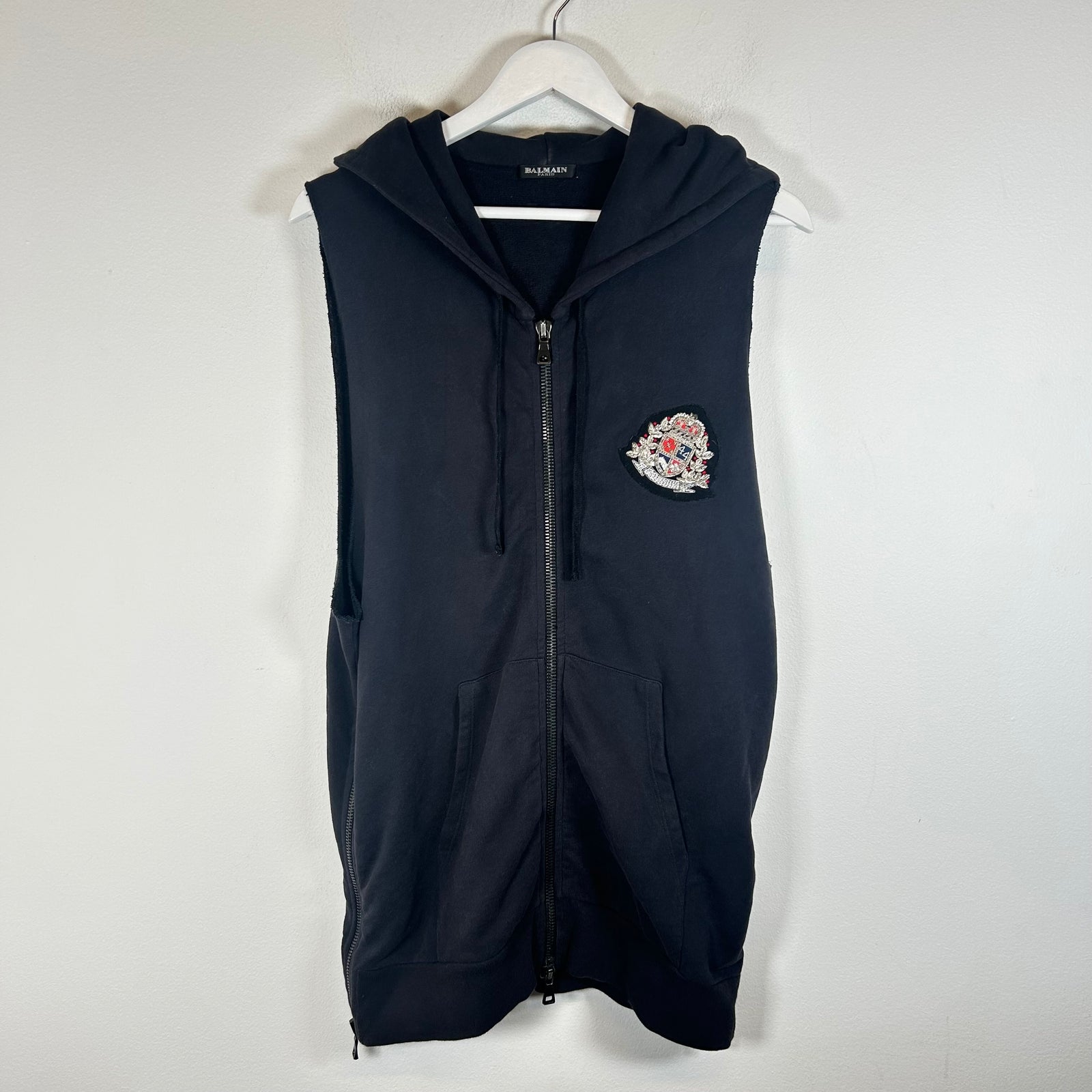 Balmain SS11 Black Sleeveless Crest Badge Hoodie Size L