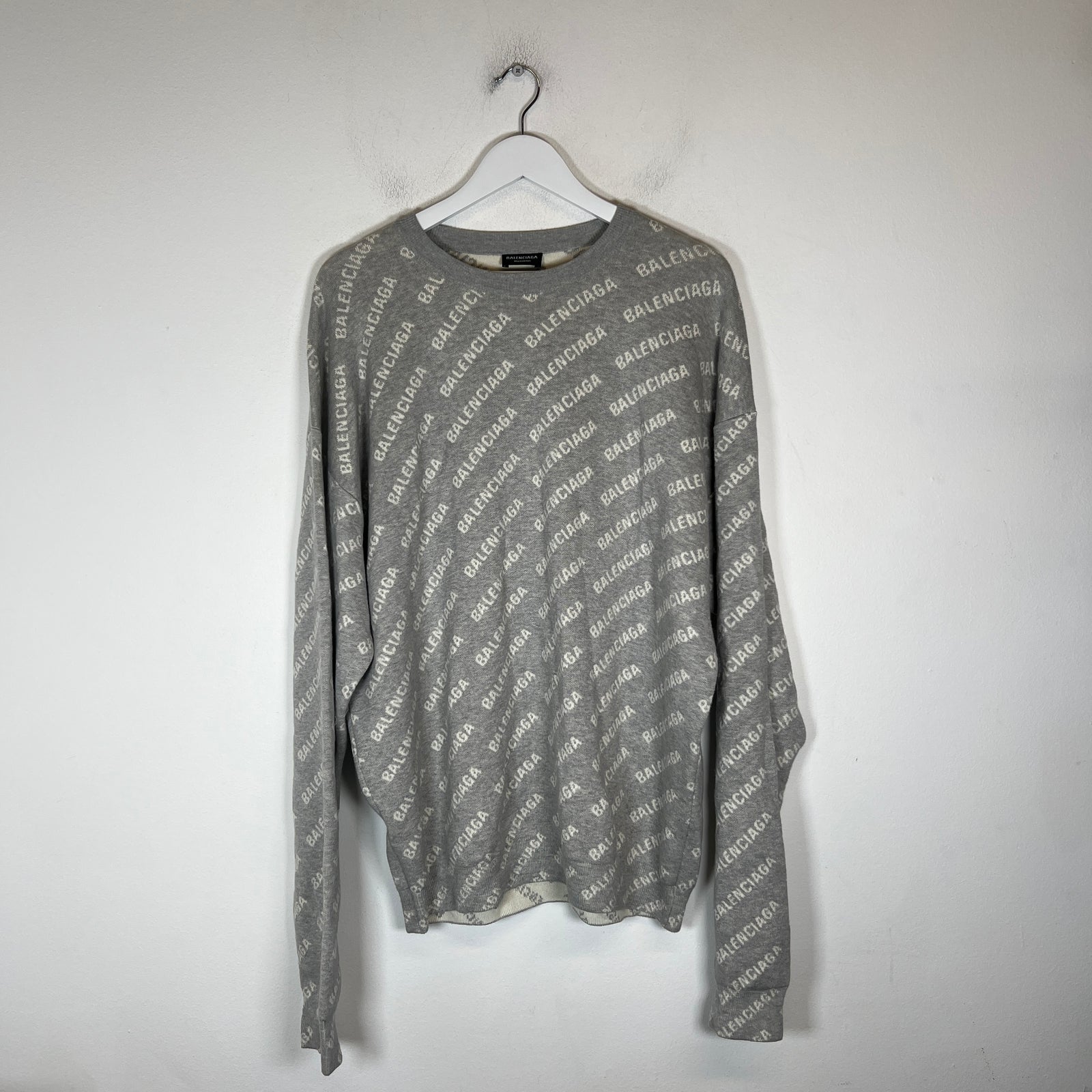 Balenciaga Grey/White Mini Allover Logo Intarsia Sweater Size M