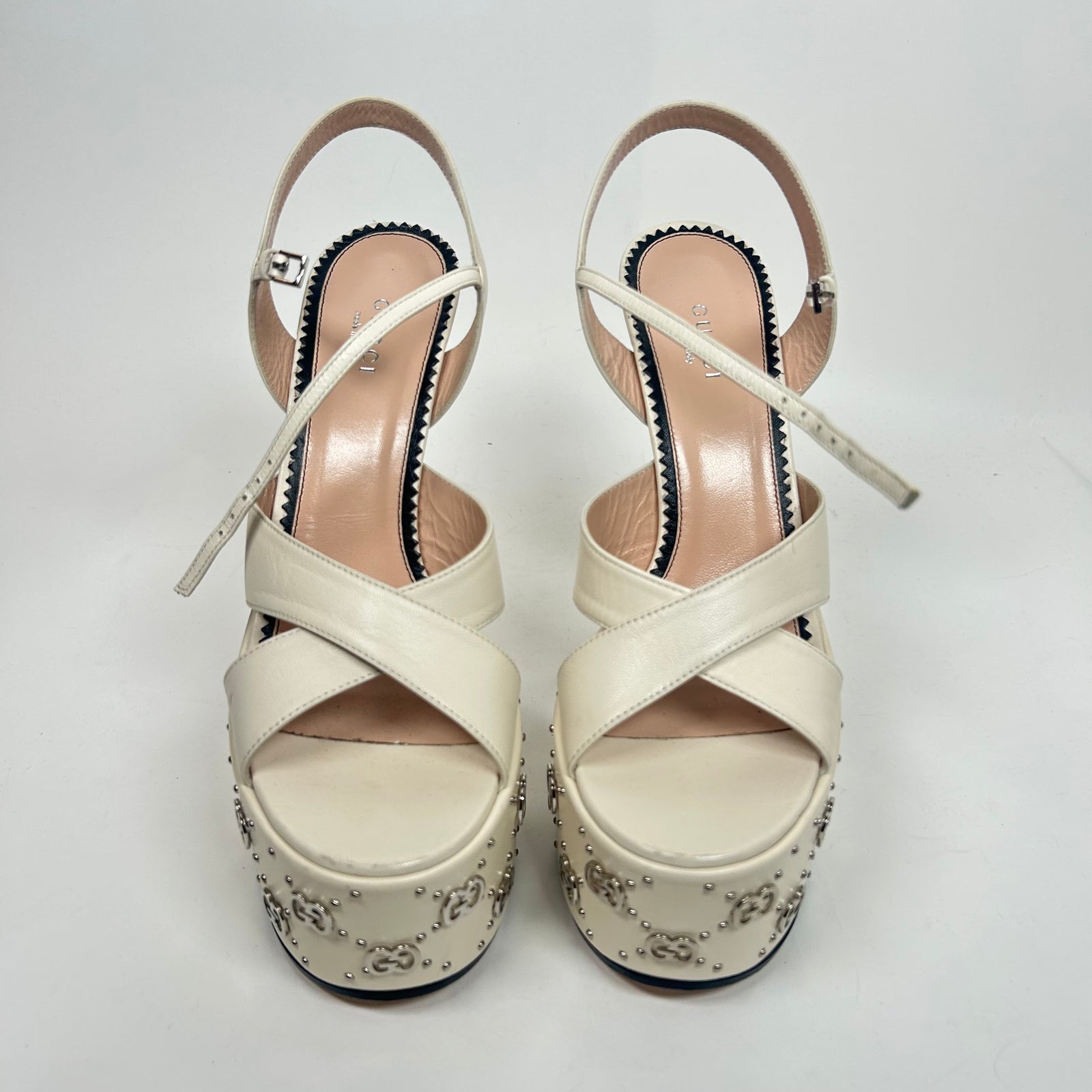 Gucci White Leather GG Studded Platform Sandals Size 38
