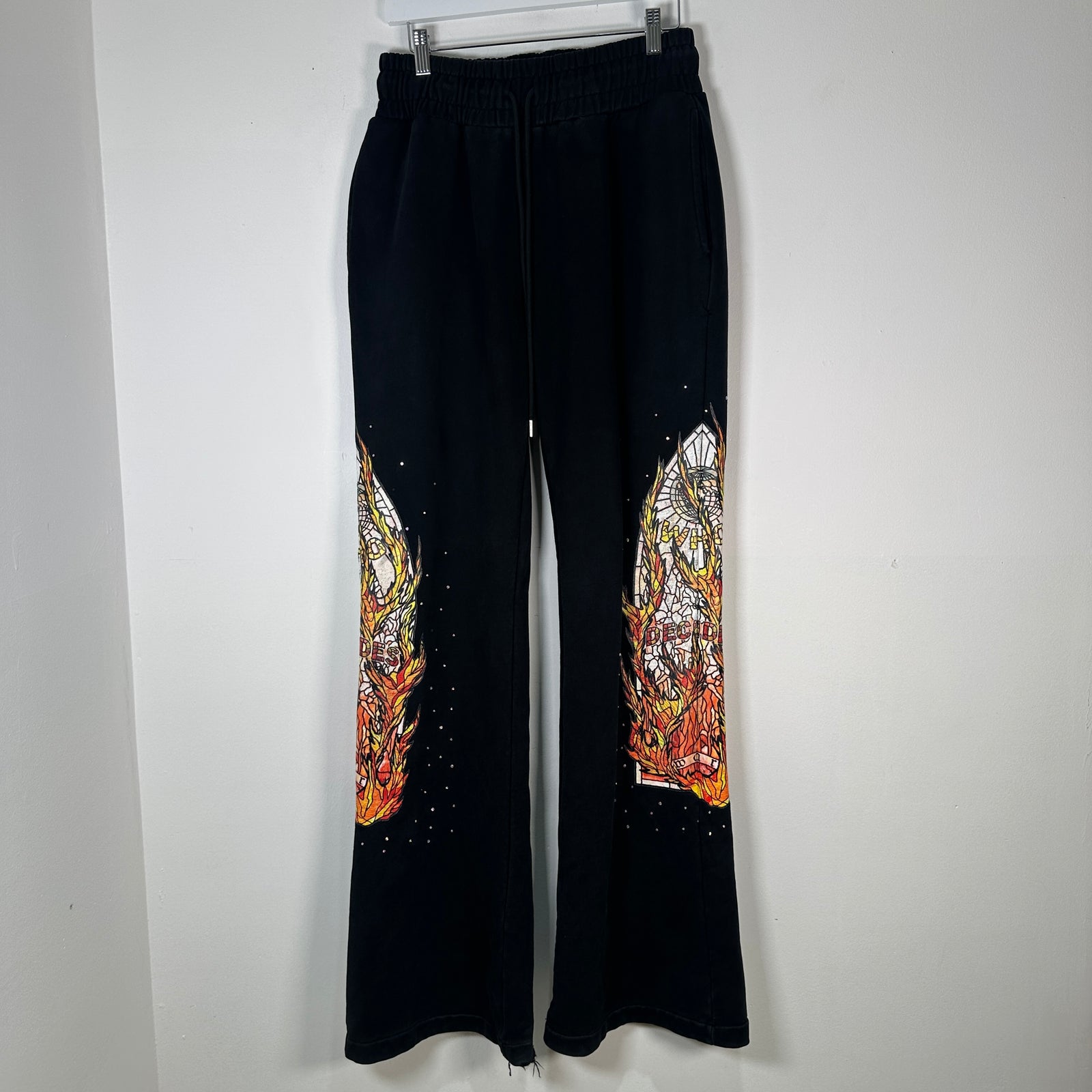 Who Decides War Flame Stained Glass Rhinestone Black Sweatpants Size L