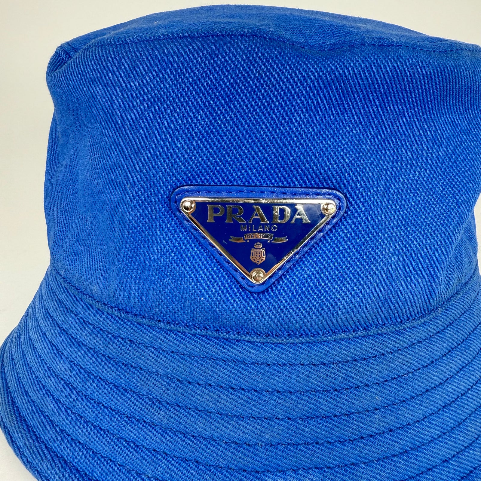 Prada Blue Canvas Plaque Bucket Hat Size XL