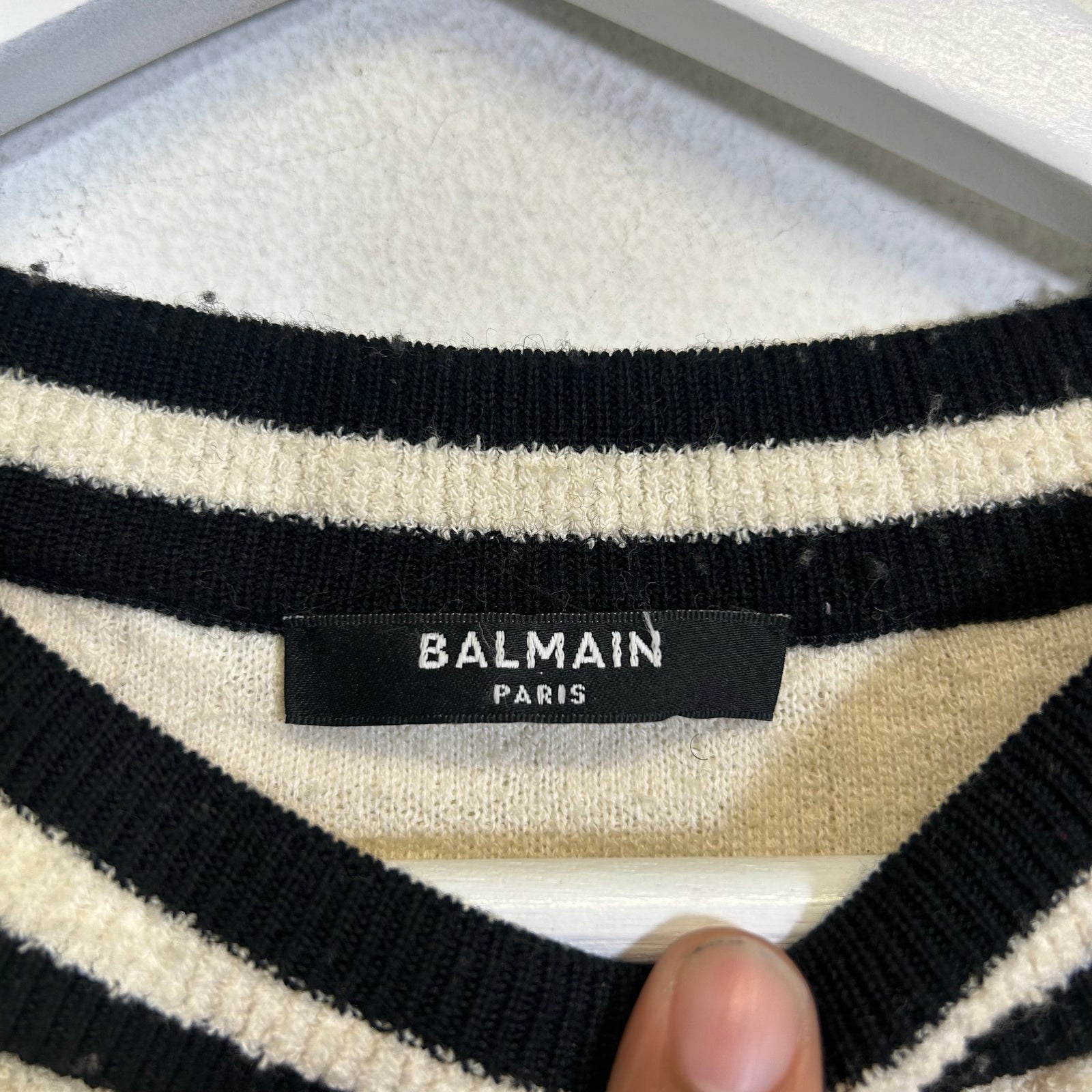 Balmain Cream Intarsia Knit Logo T-Shirt Size S