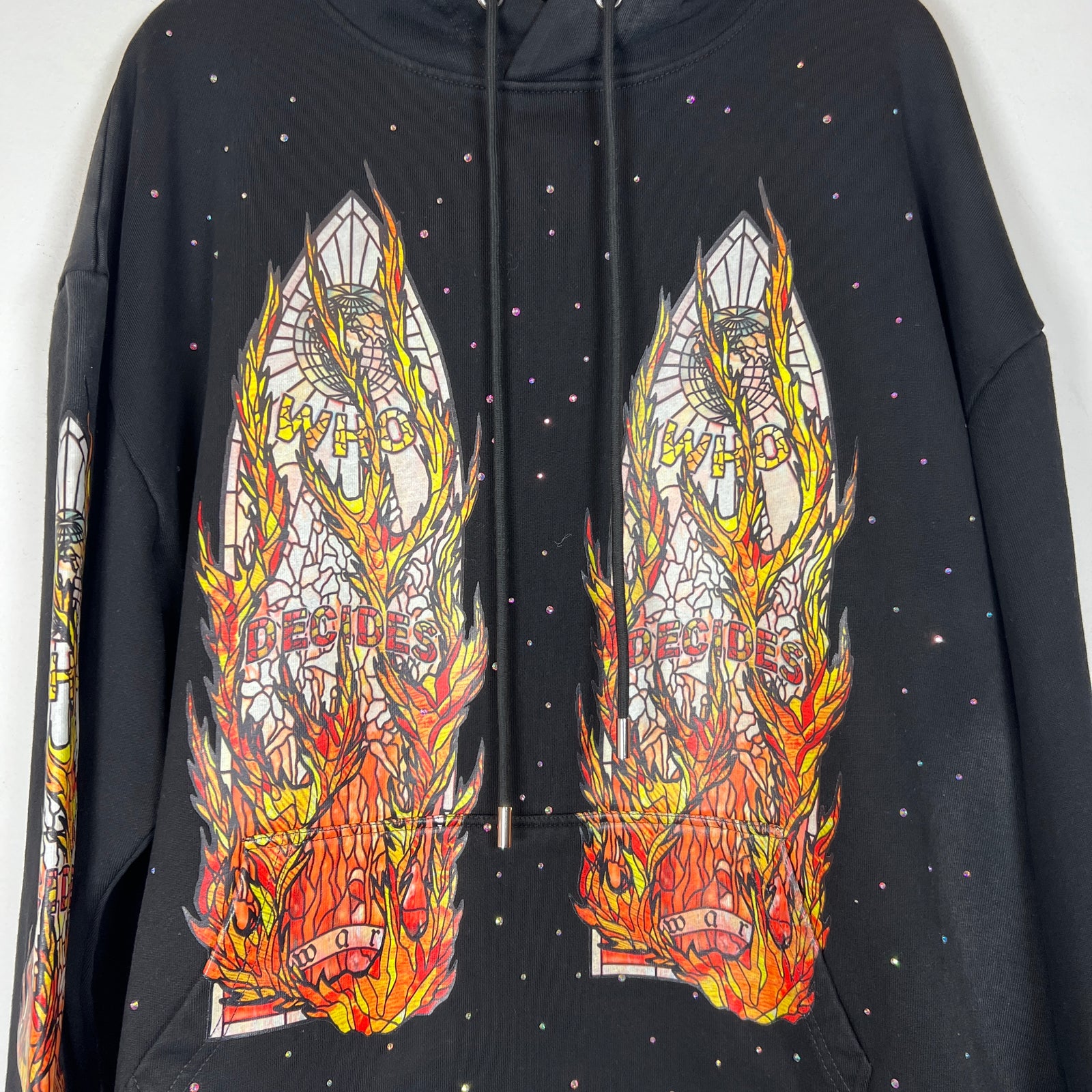 Who Decides War Black Flame Glass Rhinestone Hoodie Size L