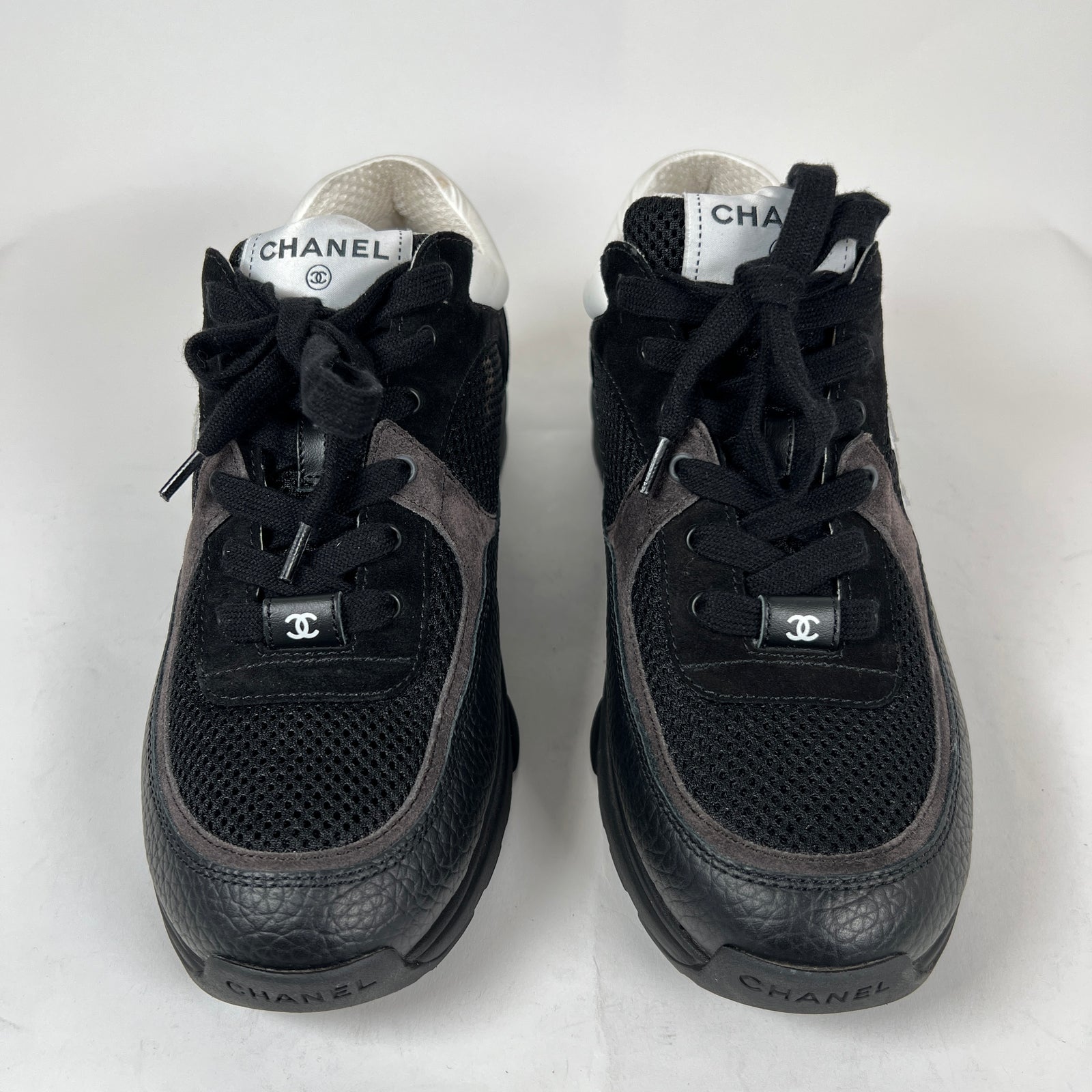 Chanel Black/White Mesh Suede Grained Calfskin Interlocking CC Runners Size 39.5